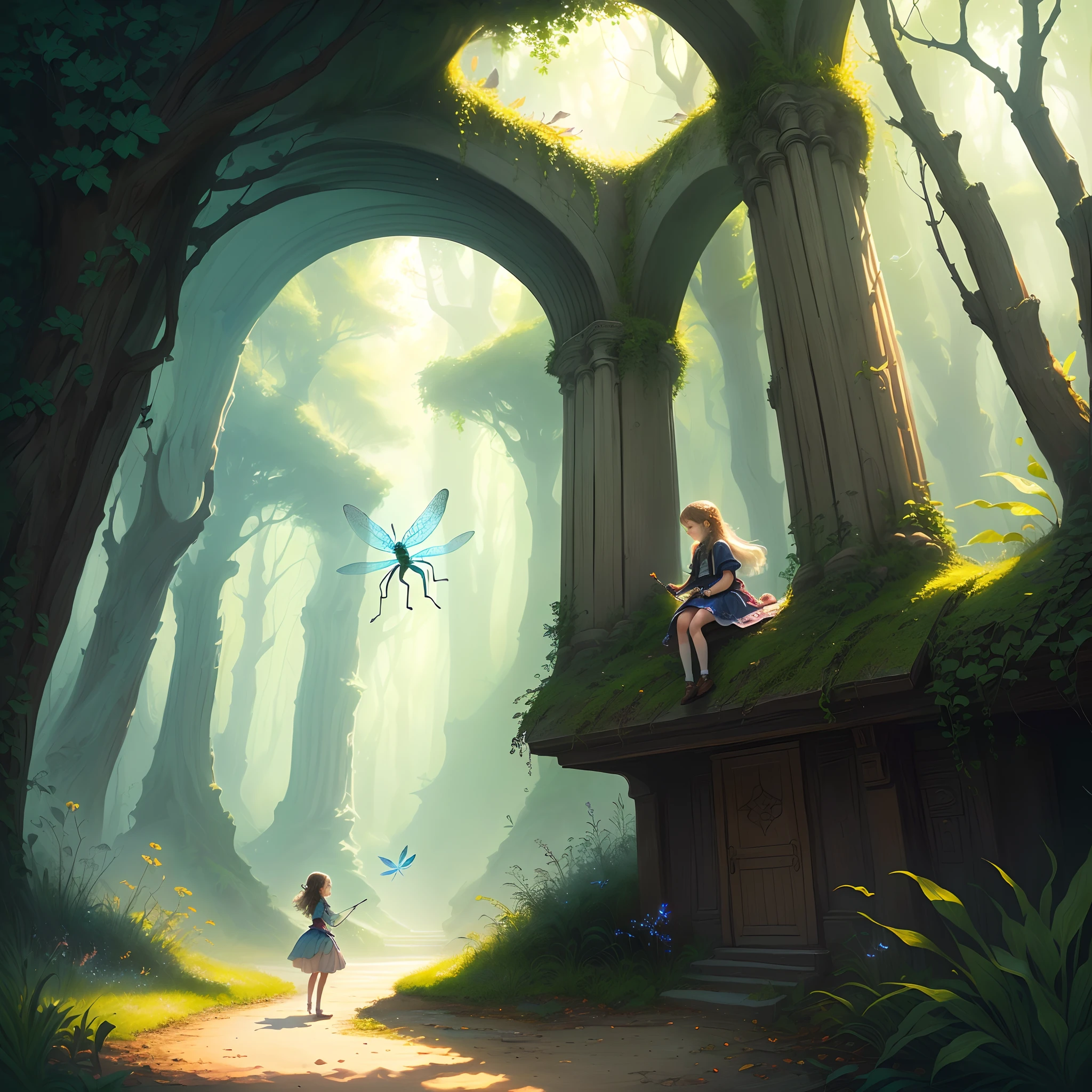 create an enchanting illustration of a little girl accompanied by an enchanting dragonfly in a very detailed magical setting