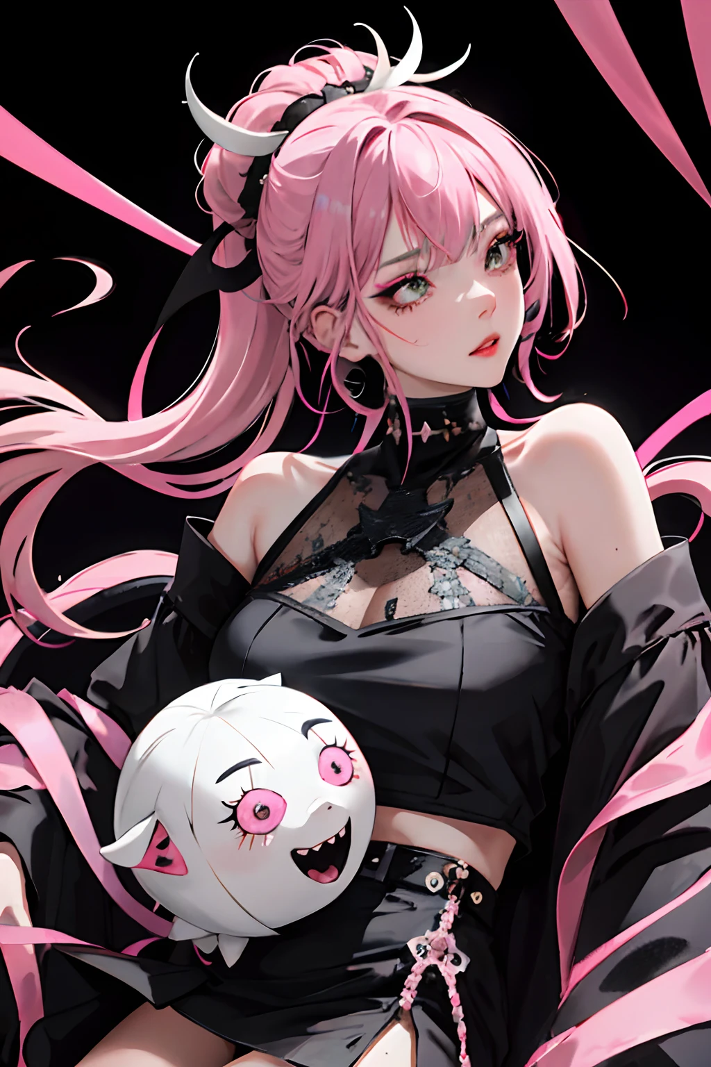 (masuter piece:1.2、top-quality)、(Live action、Intricate details)、(1lady、独奏、The upper part of the body、Colossal tits) garments: Edgy、Black jumper、Pink mini skirt、Avant-garde、Experimental appearance: Long pink hair、Dramatic makeup、Unconventional fashion choices behavior: Rebel、Runaway Ladies Leader、secretary-general、Black jumper、Pink mini skirt、Anti-system、Provocative Location: urban art district、Underground Music Scene Hobbies: Bad girl、Create mixed media art、Experiment with different subcultures values: individuality、authenticity、Creative Expression Inspiration: Runaway Ladies Leader、secretary-general、Counterculture icons、Nature: boldness、Unconventional。