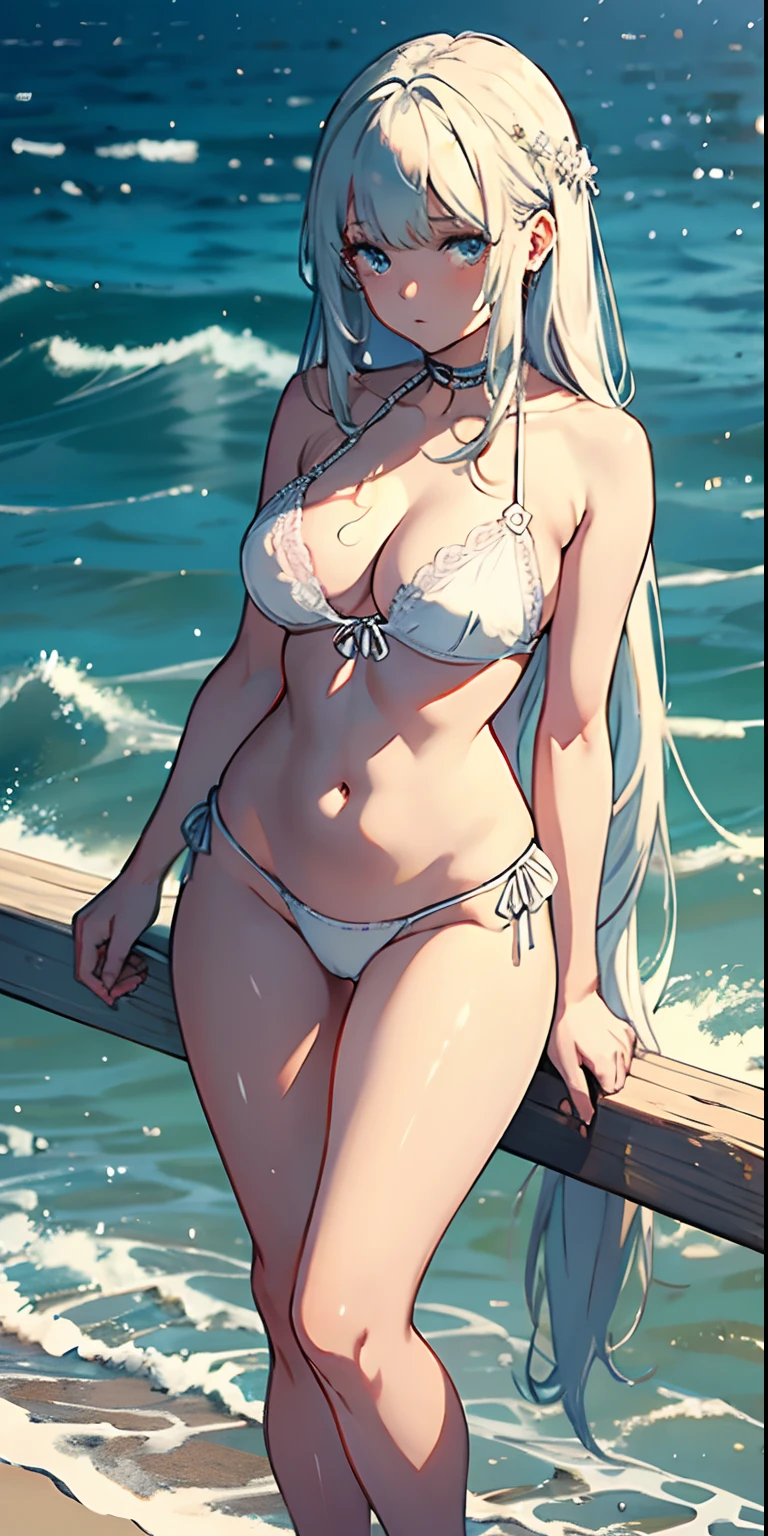 masterpiece((tmasterpiece)), a woman, very long hair, bangs, locks, strands of hair,(white bikini),(detailed lace on the breasts)),(ultra detailed sea),perfect anatomy,is shy,( perfect belly)beautiful eyes,thick legs, thick thighs,(seaside), standing,(facing the sea),Open navel,No shoes, viewer's view