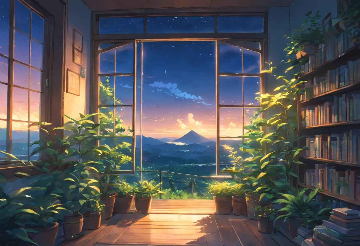 An up-close photo of a large window full of plants and books overlooks a breathtaking landscape and beautiful nature, night time
