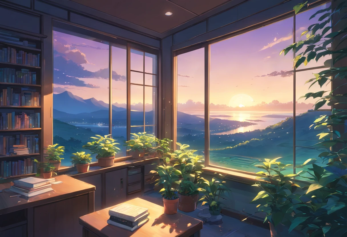 An up-close photo of a large window full of plants and books overlooks a breathtaking landscape and beautiful nature, night time