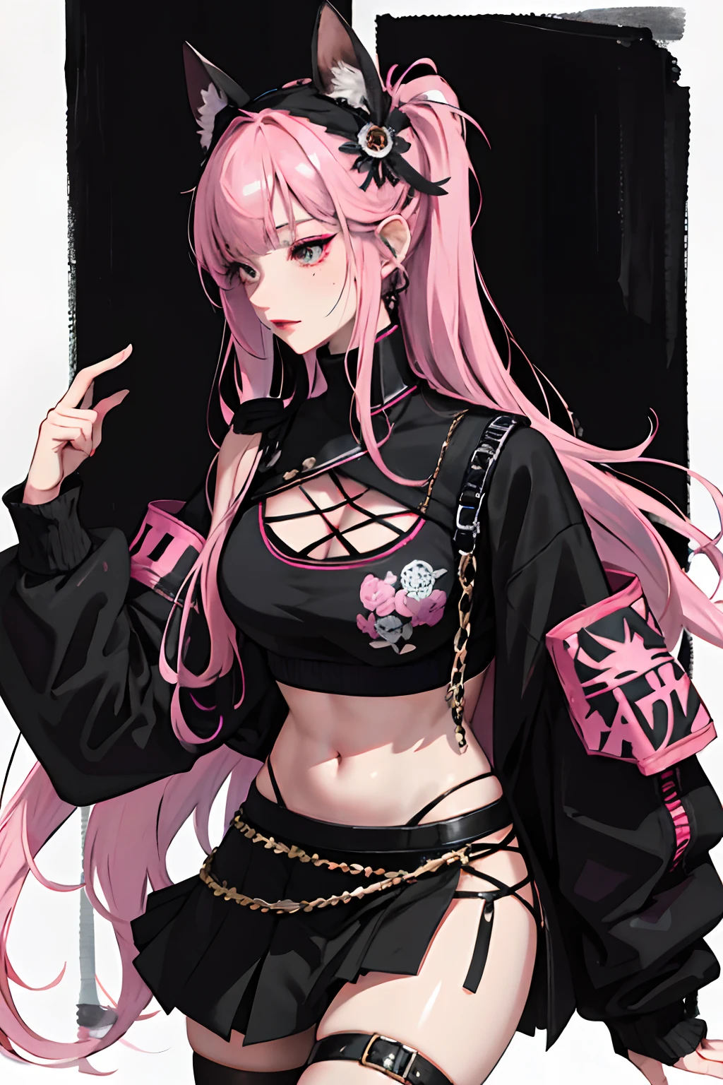 (masuter piece:1.2、top-quality)、(Live action、Intricate details)、(1lady、独奏、The upper part of the body、Colossal tits) garments: Edgy、Black jumper、Pink mini skirt、Avant-garde、Experimental appearance: Long pink hair、Dramatic makeup、Unconventional fashion choices behavior: Rebel、Runaway Ladies Leader、secretary-general、Black jumper、Pink mini skirt、Anti-system、Provocative Location: urban art district、Underground Music Scene Hobbies: Bad girl、Create mixed media art、Experiment with different subcultures values: individuality、authenticity、Creative Expression Inspiration: Runaway Ladies Leader、secretary-general、Counterculture icons、Nature: boldness、Unconventional。