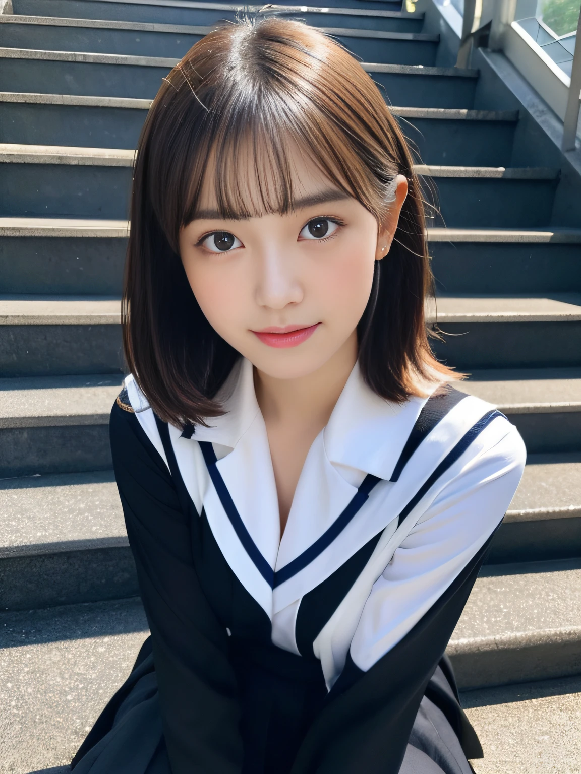 (((32k,high detal,high-detail、masterpiece,Attention to detail,full body Esbian,独奏))),Raw photo & realistic atmosphere,beautiful dark blue eyes,Detailed mouth,Glossy lips,Detailed eyebrows,Eyes drawn in detail with soft white skin that shines in every detail、azure eyes,Very beautiful eyes,Detailed lips、Very beautiful face,Very well-formed face、Lifelike face,shiny beautiful lips, Realistic Young Gravure Idol, very beautiful school girl, ,Moderately beautiful, Young Sensual Gravure Idol, Young Gravure Idol, Beautiful, Cute and sexy15 old schoolgirl,the whole body is wet,dripped out,with a flushed face,Incredibly beautiful15-year girlort-cut,Brown shiny hair,Hair is wet,Dripping water,dripping,Crouching on the stairs with your legs open,(Black pantyhose,Beautiful fece,Looking at the camera:1.4),(Cross your legs in black pantyhose,The chest of the uniform is open,darkness,Very dark,Pitch-black staircase without street lights,Illuminate the subject with a flashlight,spot light:1.7),(A sexy,Slightly chubby,High Detail Hi-Vision Hi-Vision Japan Hi-Vision Girl Uniform,well-shaped breasts,,Mature body, I'm anxious and about to cry,Moist eyes,cold smile,glareing,The glaring face is also beautiful:1.5),(Open your legs randomly:1.7)