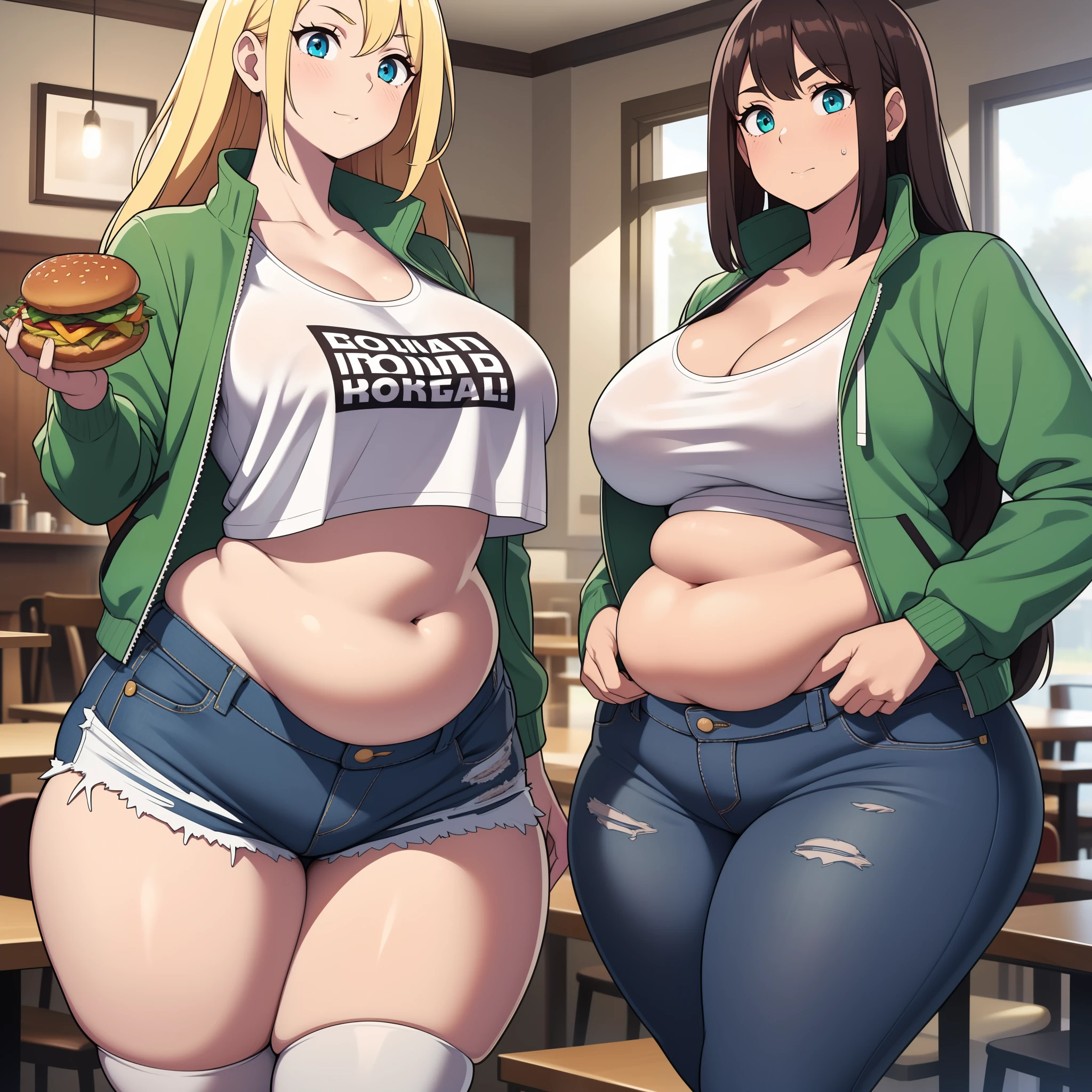 ((highres)), Masterpiece, high quality, best quality, beautiful, perfect lighting, detailed face, ultra cute face, ((2girls)), one girl has blonde hair, blue eyes, crop top and shorts skindentation, one girl has brown hair, green eyes, jeans, white shirt, jacket, thighs clothes, full body, fast food restaurant, medium breasts, ((wide hips)), (thick thighs), ((chubby)), pudgy belly, fat folds, standing,