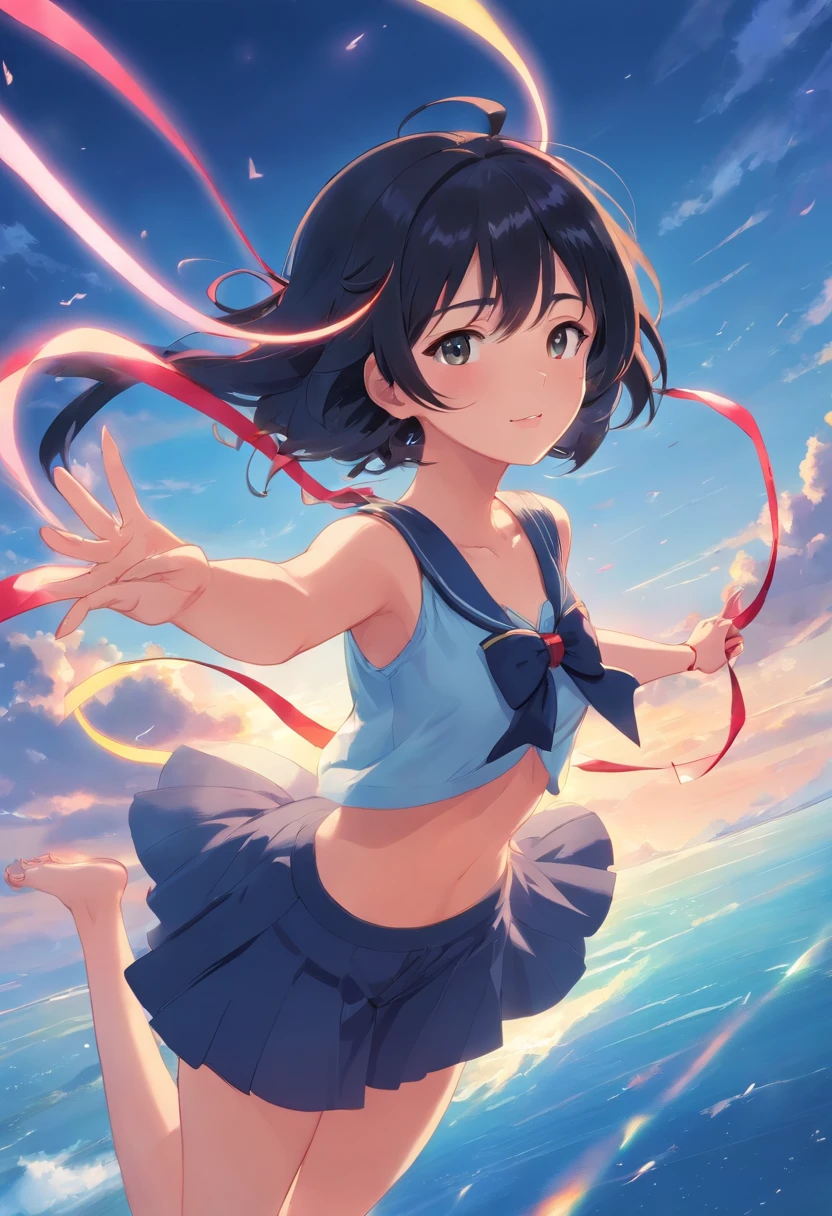 masterpiece、top-quality、1girl in、black hair girl、floating in sky、发光、Happiness、student clothes、Colossal tits,((Let me hold the bow))