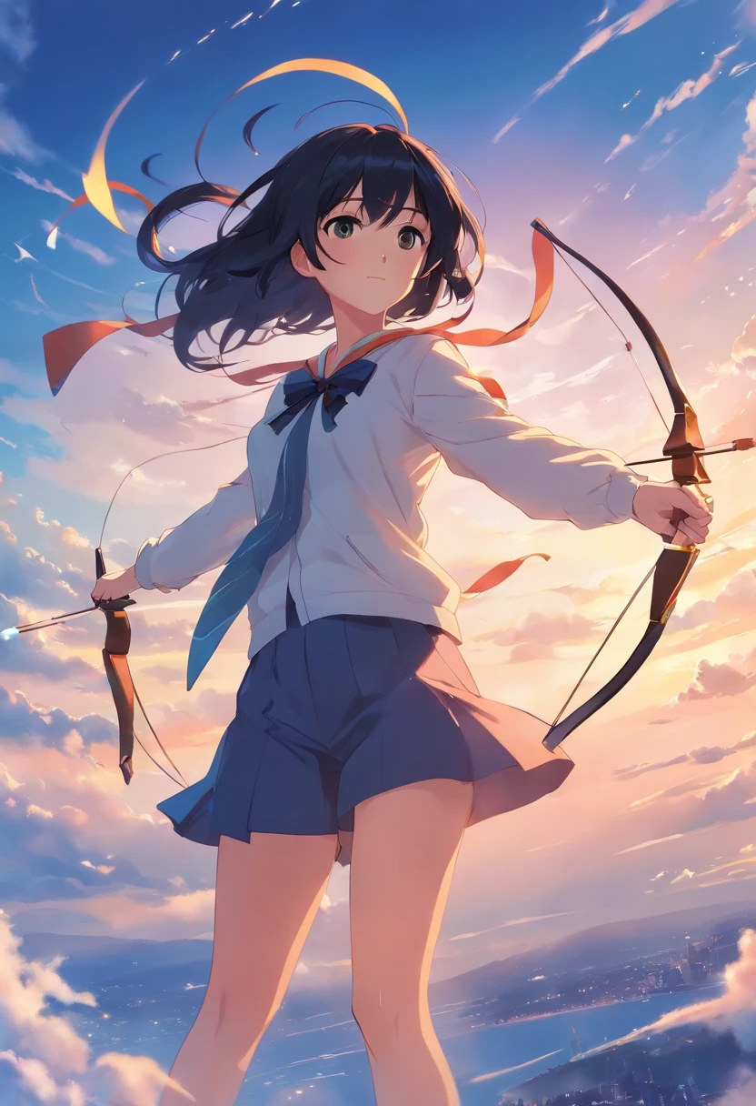 masterpiece、top-quality、1girl in、black hair girl、floating in sky、发光、Happiness、student clothes、Colossal tits,((Let me hold the bow))