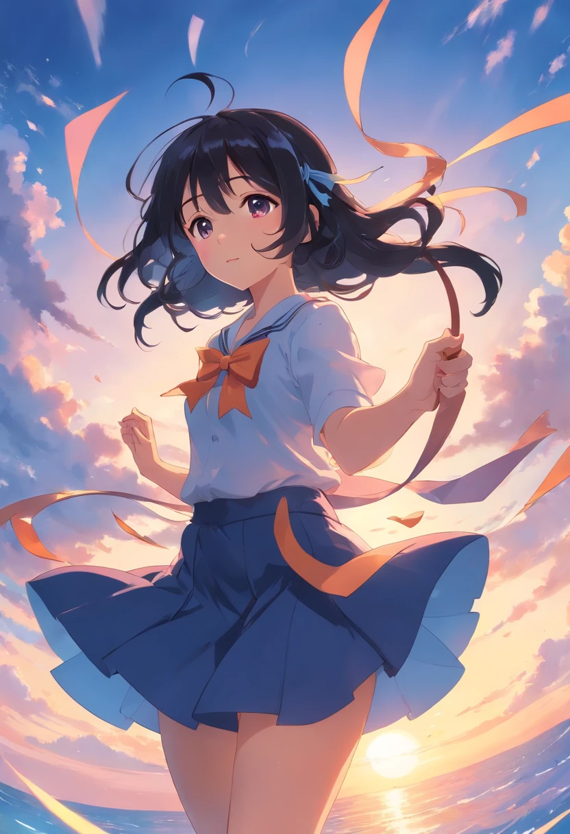 masterpiece、top-quality、1girl in、black hair girl、floating in sky、发光、Happiness、student clothes、Colossal tits,((Let me hold the bow))