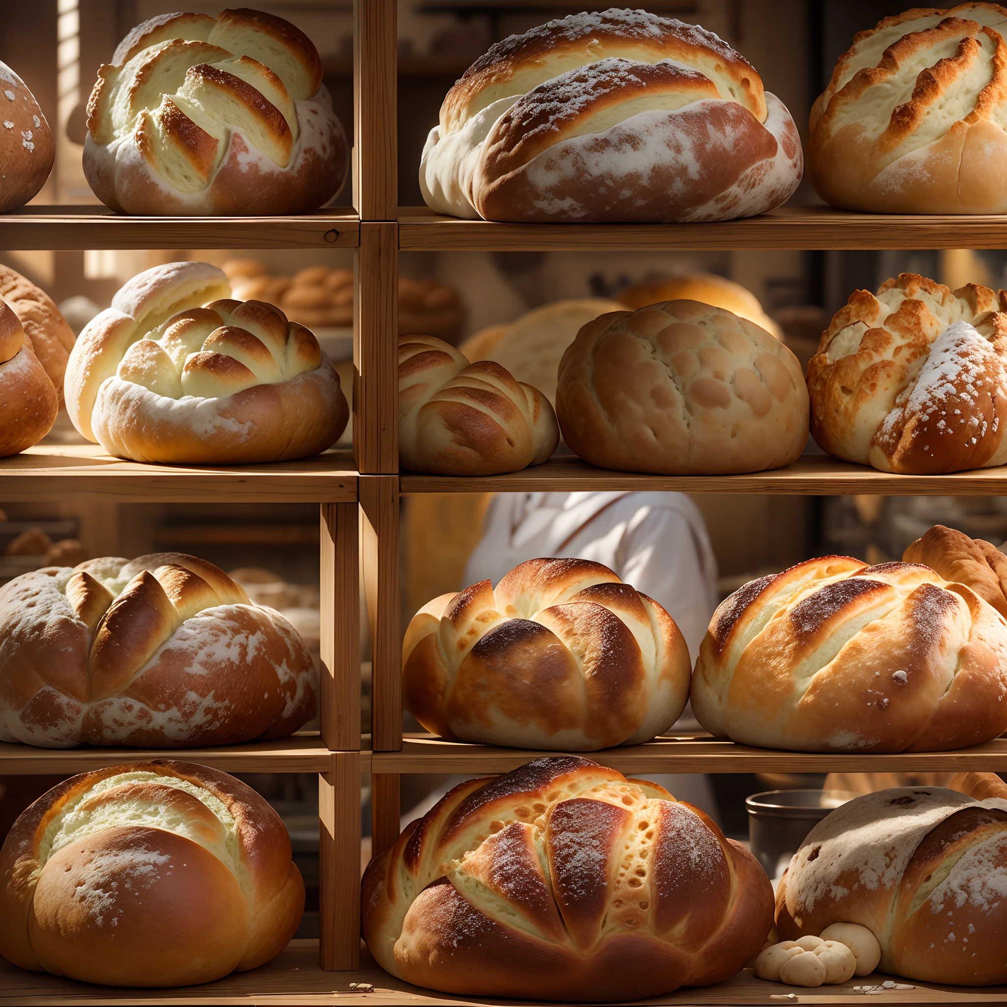Step into a rustic bakery where a dedicated baker is at work, pouring passion and expertise into crafting a batch of artisanal bread. The scene is bathed in warm, golden light streaming through vintage windows, highlighting the flour-dusted wooden countertops and the baker's skilled hands kneading the dough. The aroma of freshly baked bread fills the air, creating an atmosphere of comfort and nostalgia. Capture the intricate details of the baker's techniques, the texture of the dough, and the charming imperfections of the handmade loaves. Use your chosen medium to convey the essence of this artisanal bread-making process, celebrating the artistry and tradition of baking