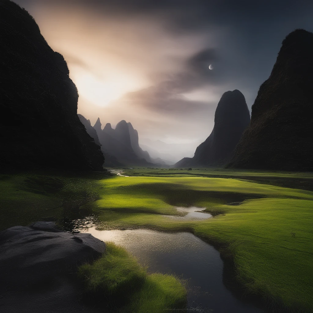 Magnificent view,Night chanting of Tangula Mountain landscape photography,Cool background at night,The full moon hangs high in the air,It just rained,Bushes in the moonlight,breeze,mont,Clear and calm water,Boulders,Odd Peak,precipice,sprawling,desolated,Aloneness,Nightmare vision,Dark fantasy plot,Perfect and excellent composition,8K分辨率,the detail,Rain trails,dampness,water stain,very wide angle shot,Jack Guzman's environmental art photography,realisticlying,cinematic compositions,Volumetriclighting,vividness, A detailed, stunning skies, Colorful clouds float,true to life, Pubic area is clear, flawless perfection, Digital SLR, 16k, 1024, 2048, 4096, A detailed, Sharp, best qualtiy, high qulity, absurderes,unmanned background,The is very detailed、Detailed lighting shadows,Trends on ArtStation、iintricate、high detal、dramatics、Midjourney Art(Volumetriclighting:1.2)hdr shot。(Faraway view,Super deep view,ultra-wide-angle,Microfocal length lens:1.2)(realisticlying:1.4)tmasterpiece、high high quality、Beautiful photography、globalillumination