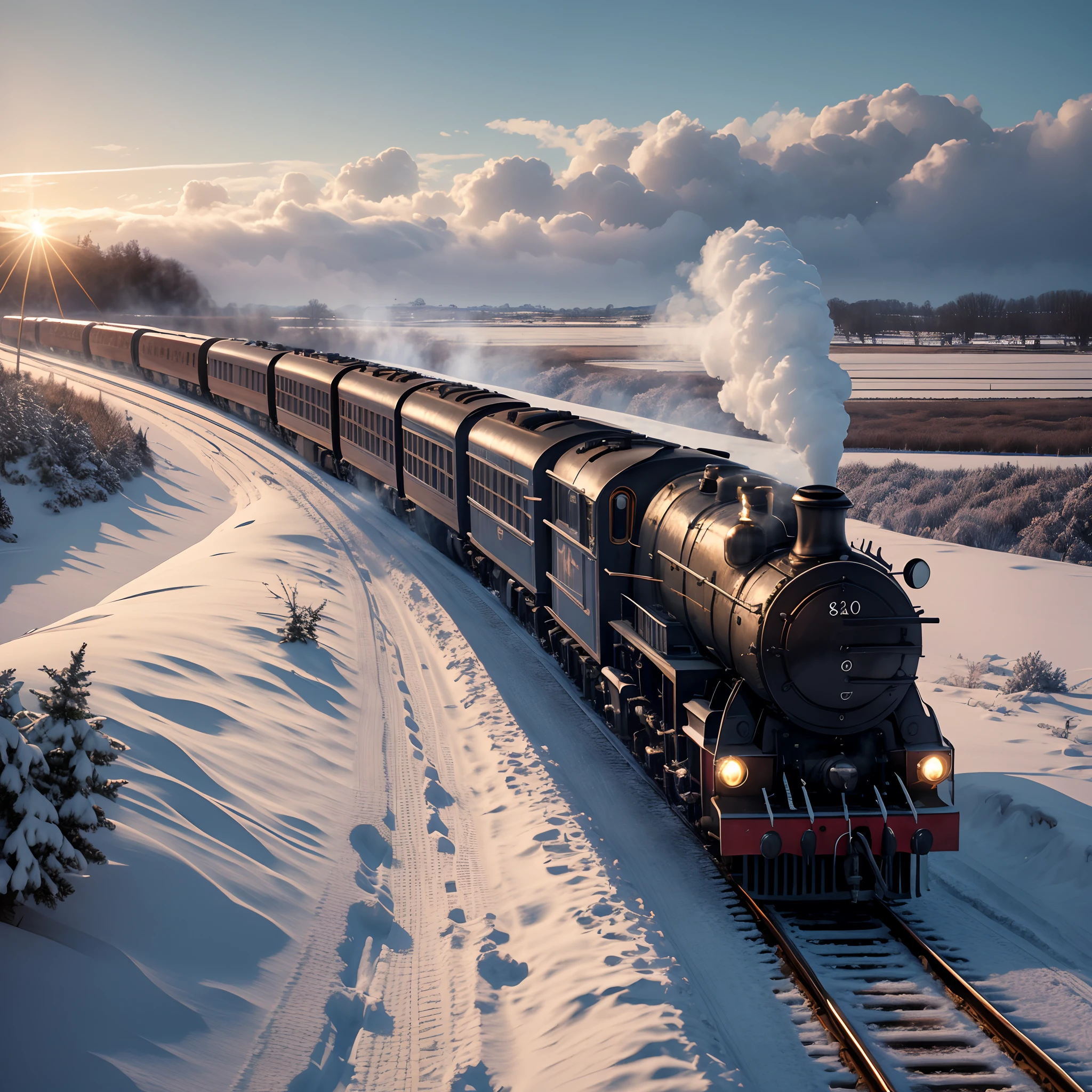 from movie still, masterpiece, super detail, high quality, award winning, 8k, photorealistic, Steam locomotive running on snowy field, In the morning, in winter, cinematic light, wide shot, depth of field