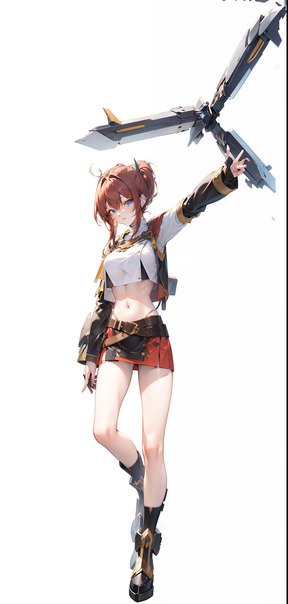 Red-haired girl, green eyes, pigtails, a wreath of horns on her head, a techno barbarian, a huge techno cannon in her hands, a huntress, bones on her body, insect plates, chitin, fur, small bones, light bones and red fur on her shoulders, dark leather stockings made of strips of cut leather on her legs, ropes and light bones on her body, thin panties, a small bra made of bones, bright red hair,  Decorations made of horns, fur - a cannon. instead of panties, a rope, instead of a bra, bones and chitin, fur shoulder pads and with chitin, a tail of hair on the back of the head looks up, a short haircut, a high-tech cyberpunk gun, the girl has green eyes, a playful look, a good-natured smile, a neat nose, tight panties, tight thongs, mini underwear, leaky underwear, torn fabrics, a lot of torn fabrics, a lot of holes in fabrics, a gun with a monster's head,  The barrel of the cannon in the form of a monster bursts out of its mouth flames. The girl has short hair, a short ponytail at the back and looks up, fur shoulder pads, a jacket on her shoulders, a torn bra