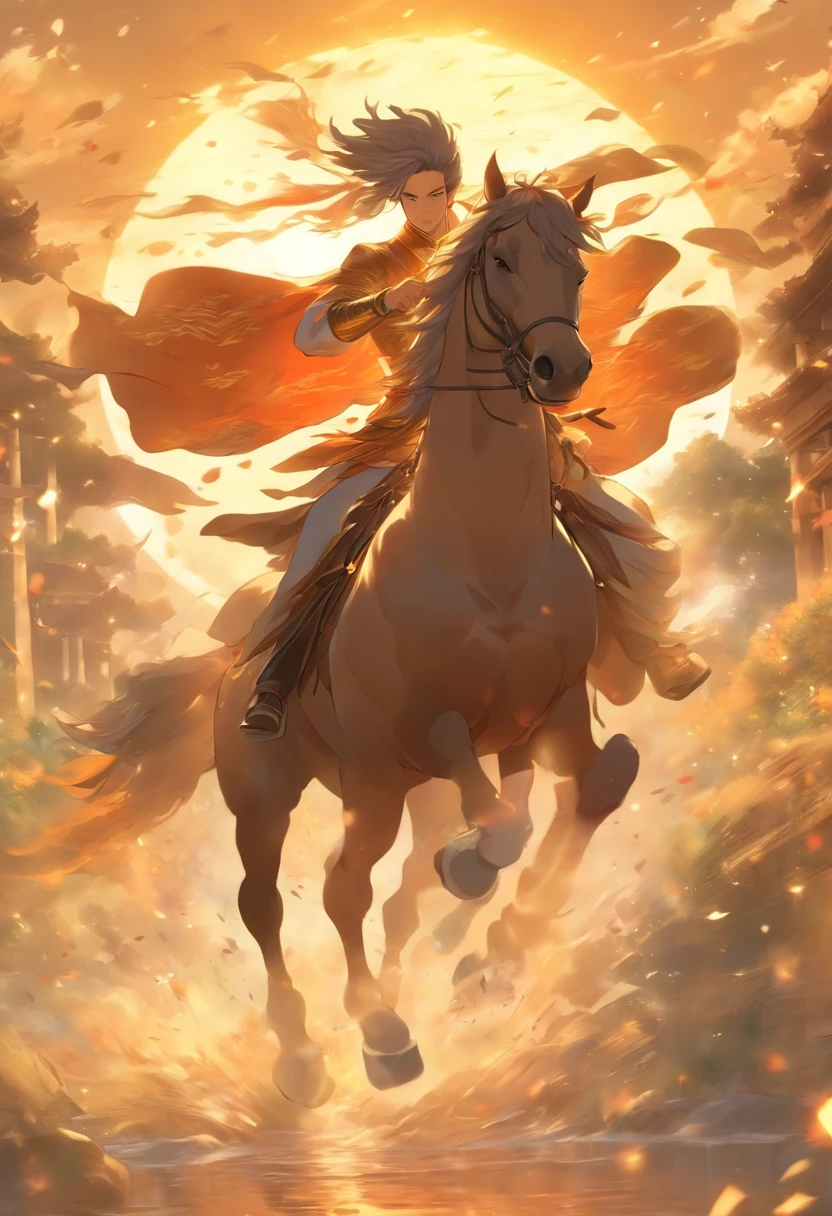 Ancient style man riding a horse, Galloping horse, Elegance in motion, Mystical atmosphere, Timeless charm, Side view, golden hour