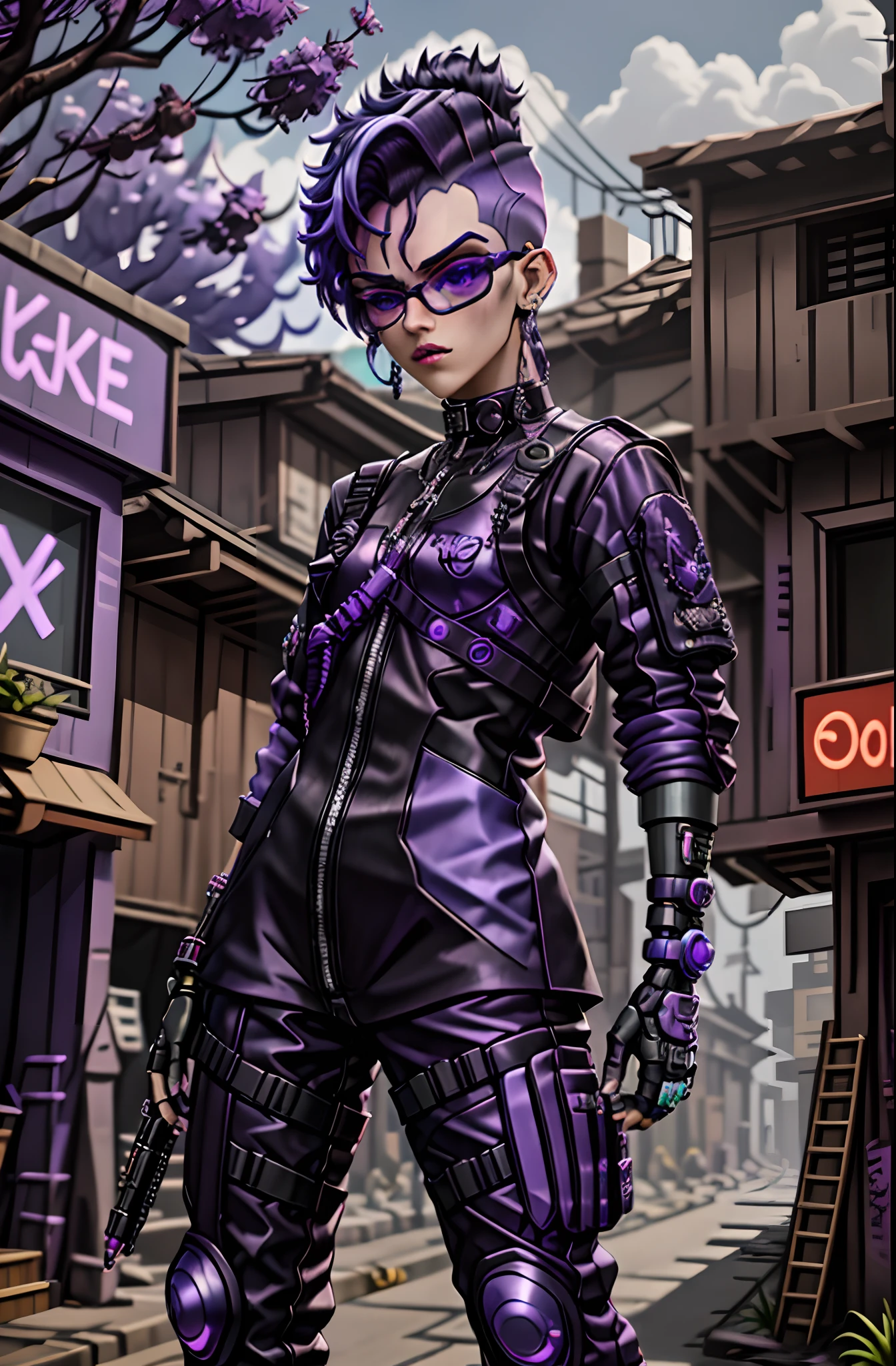 Purple-haired woman in a purple outfit and black glasses in front of a building, roupa estilo cyberpunk, roupa cyberpunk, Fotografia de uma mulher techwear, usando roupas e armaduras, no estilo cyberpunk, menina de anime cyberpunk feminino, alta moda cyberpunk, roupas cyberpunk, cyberpunk zangada deusa linda, cyberpunk vestindo, tem estilo cyberpunk, em cyberpunk city, estilo cyberpunk hiper-realista