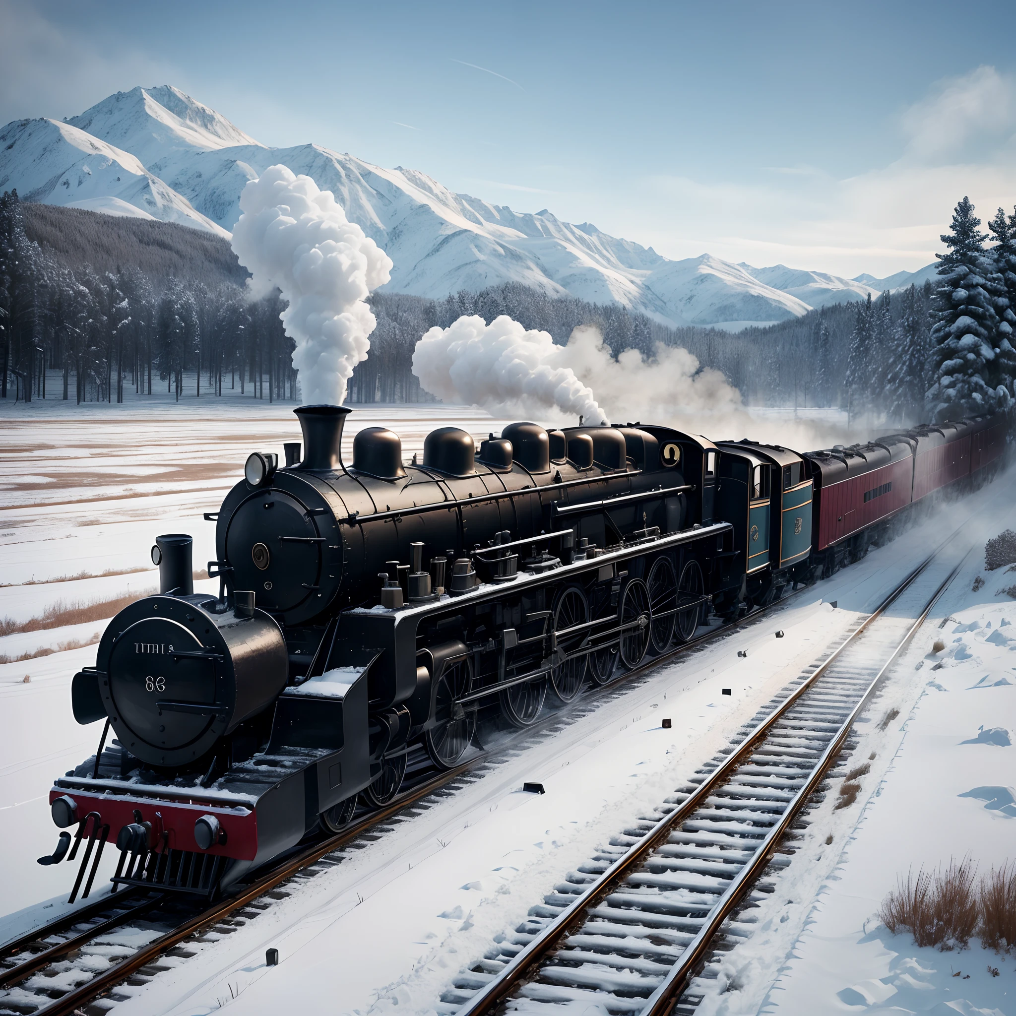 from movie still, masterpiece, super detail, high quality, award winning, 8k, photorealistic, Steam locomotive running on snowy field, In the morning, in winter, cinematic light, wide shot, depth of field