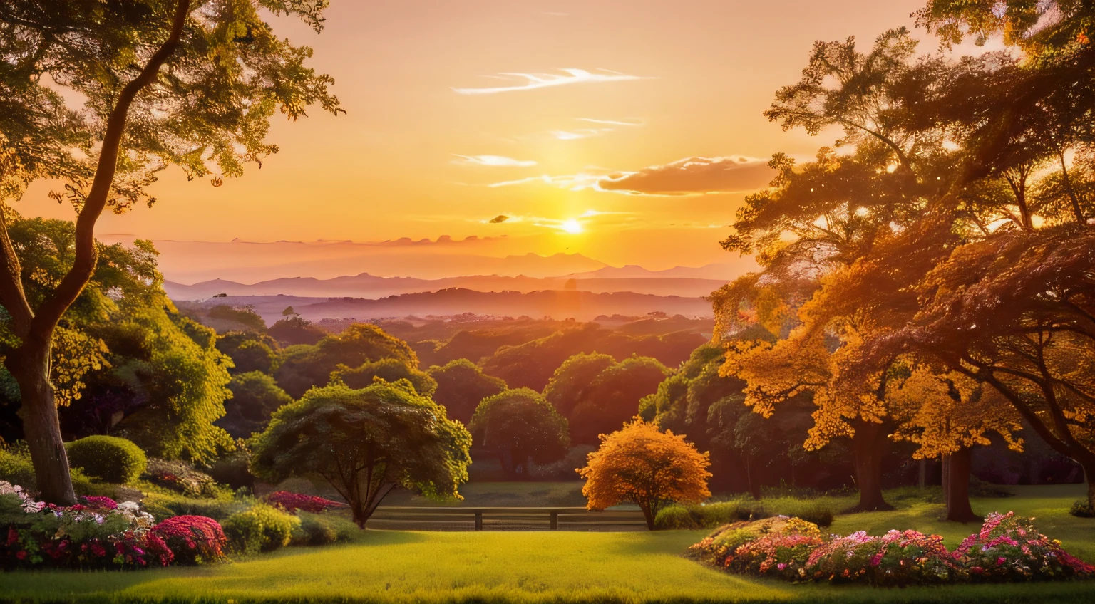 romantic fantasy sunset,excellent orange color,two trees,8k quality,super details,lush greenery,vibrant flowers,soft golden light,ethereal atmosphere,serene and dreamy ambiance,golden rays filtering through leaves,majestic silhouettes of the trees,dramatic clouds painted with warm hues,tranquil and peaceful setting,romantic and enchanting vibes,hazy and magical horizon