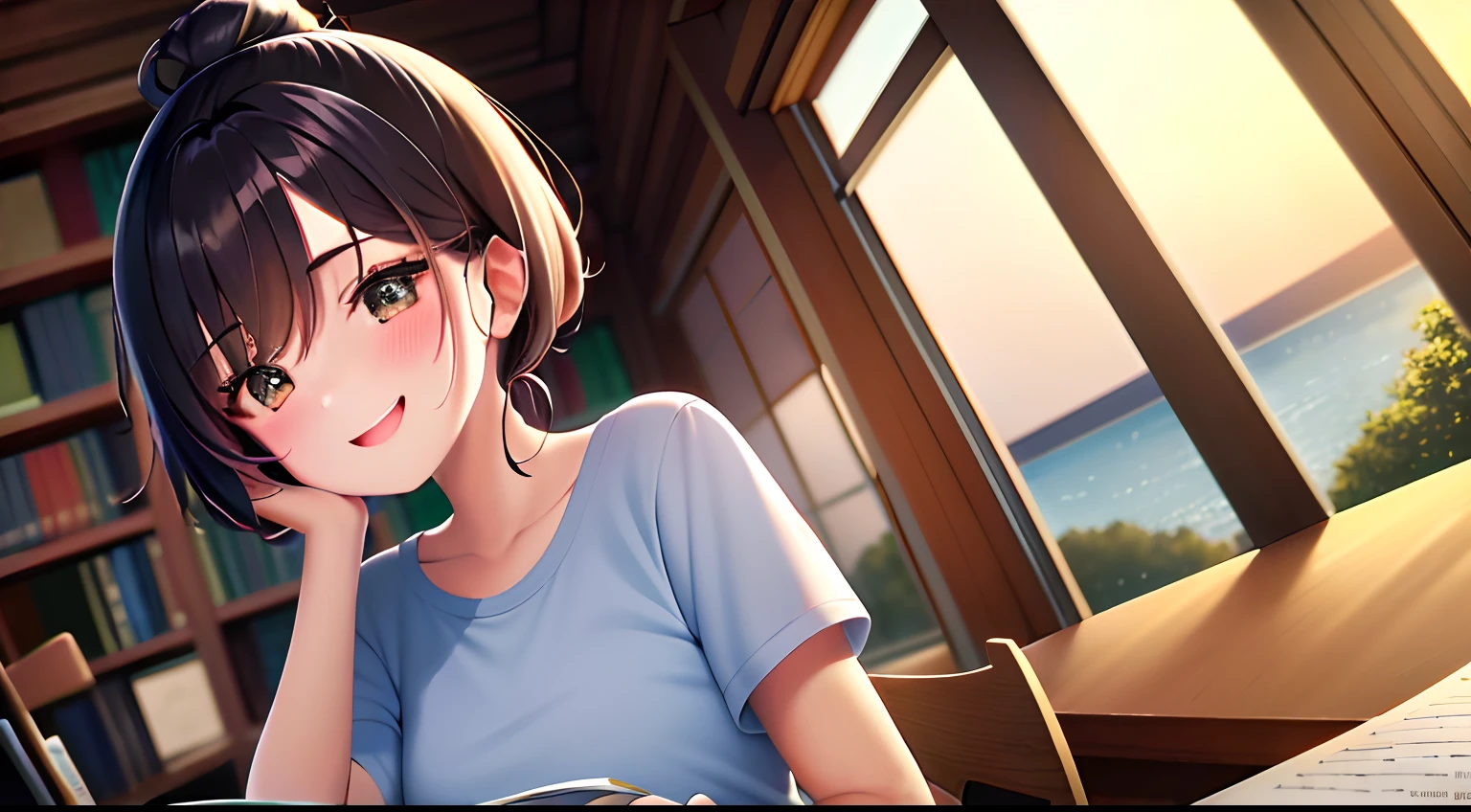 ((masterpiece)), top-quality, hight resolution, 1 Women, Loose T-shirt、Girl sitting on a chair in the library and studying、Charming atmosphere、18year old、Scenery of the entire area、Spoiled face、A smile、sleepy feeling、High Ponytail、Opens mouth and laughs、short-hair