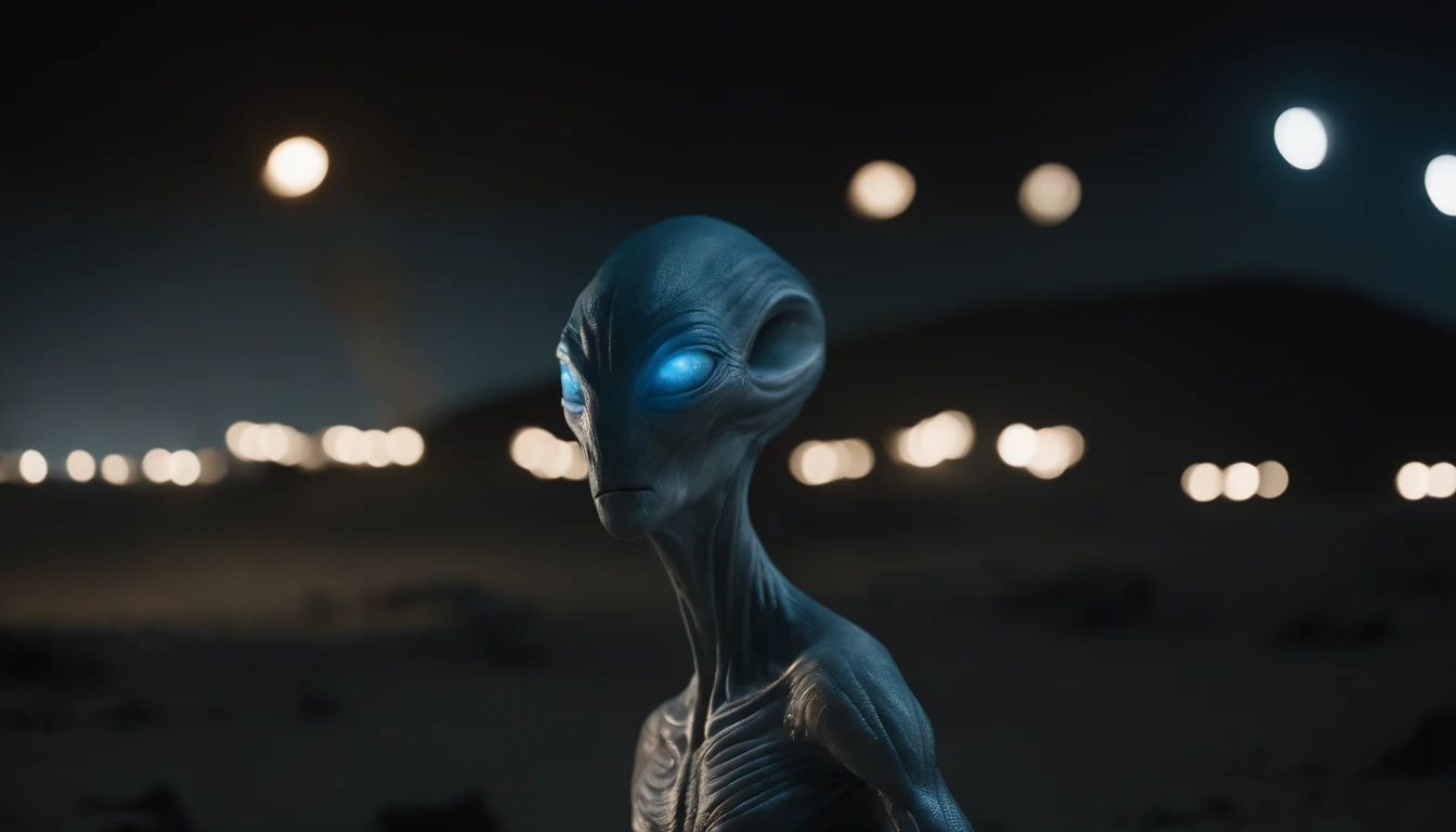 Blue-gray-skinned alien creature,中景 the scene is,cuerpo completo como,VFX surrealista altamente detallado 16K,OC renderizado,Disparo con 70 mm - AR 16:9 --q 2 --s 1000. Cinnamatographic lighting, en el campo, a 50 metros nave espacial posada, On with small lights, Agile and moving body, mirada aguda, ojos grandes