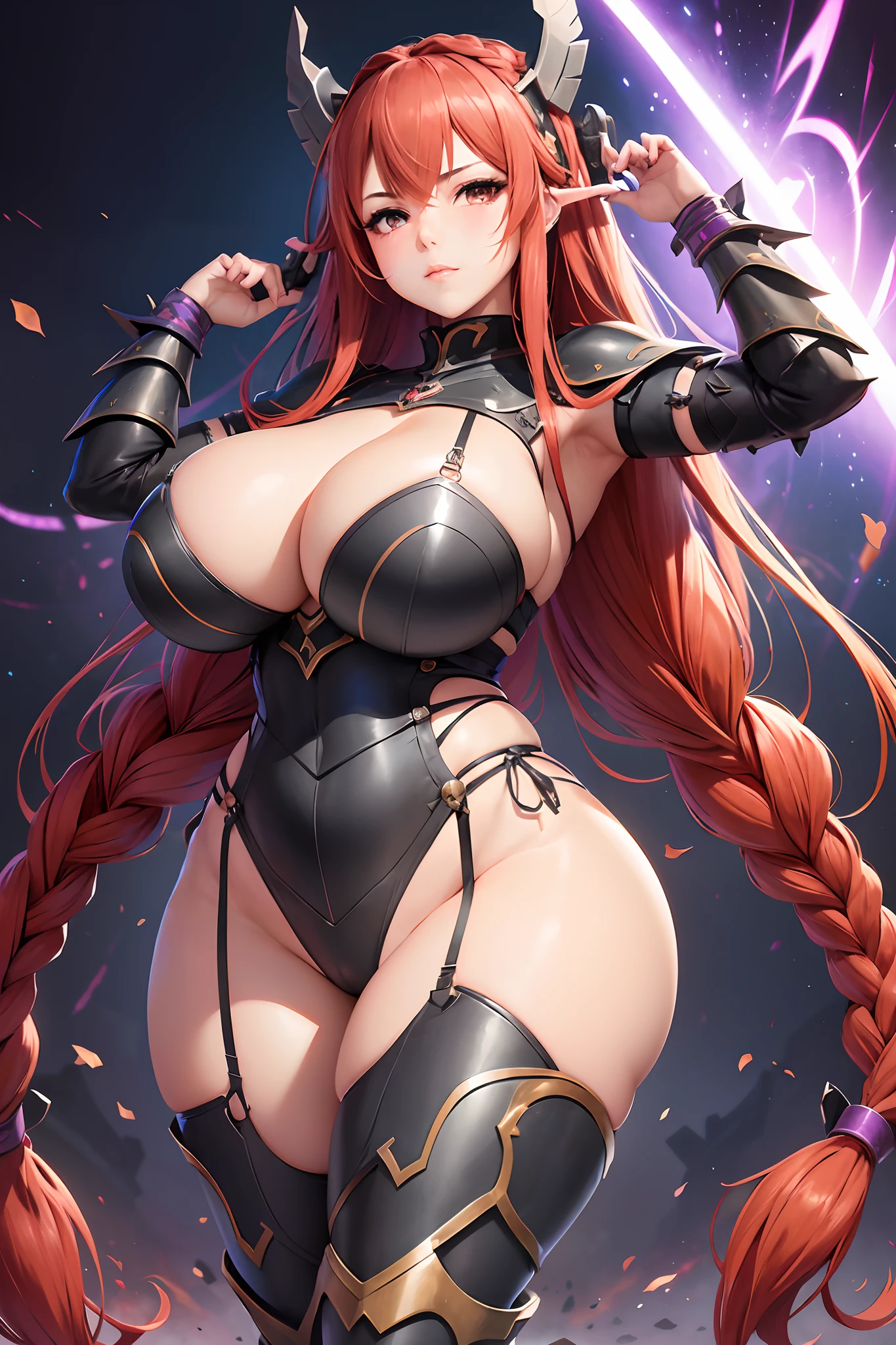 anime girl with (long red thick braided hair:1.2), wearing black abyss armor with jewelry, (headgear), spiked armor, purple neon armor, armor girl, shadowverse style, cushart krenz key art feminine, mechanized valkyrie girl, a very beautiful berserker woman, skimpy abyss armor, (gigantic breasts:1.2), (sagging breasts), (huge cleavage), (wide hips, thick thighs), (dynamic pose), ([lively interactive pose]), stance pose