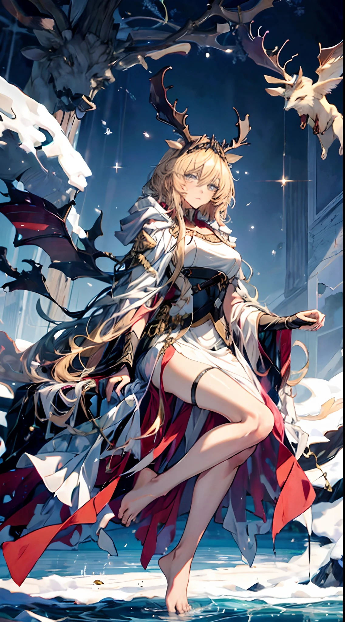 kirisame marisa, kirisame marisa, touhou project, touhou project, touhou project, feet out of frame, Top view, focus on eyes, cowboy shot, incredibly detailed, neat figure, Beautiful detailed girl, 10 years old, messy long hair, messy hair, eyes visible through hair, hair over shoulder, gold hair.lace, hair fluttering in the wind, extremely beautiful detailed anime face and eyes, ^ ^, green pupil, lightning in hand, large breasts, perfect and delicate limbs, blue eye, bright skin, Beautiful accessories, beautiful and detailed dragon&apos head, beautiful and detailed dragon&apos,s head, cross necklace, holding weapon, ice crystal texture wings, dark dress, coat, Black gauze skirt, black footwear, marbling with hair and clothes, black background Clothes, dream, Magic circle, night sky background, cold light, complex details, extremely detailed, wallpaper 8k CG, extremely detailed,