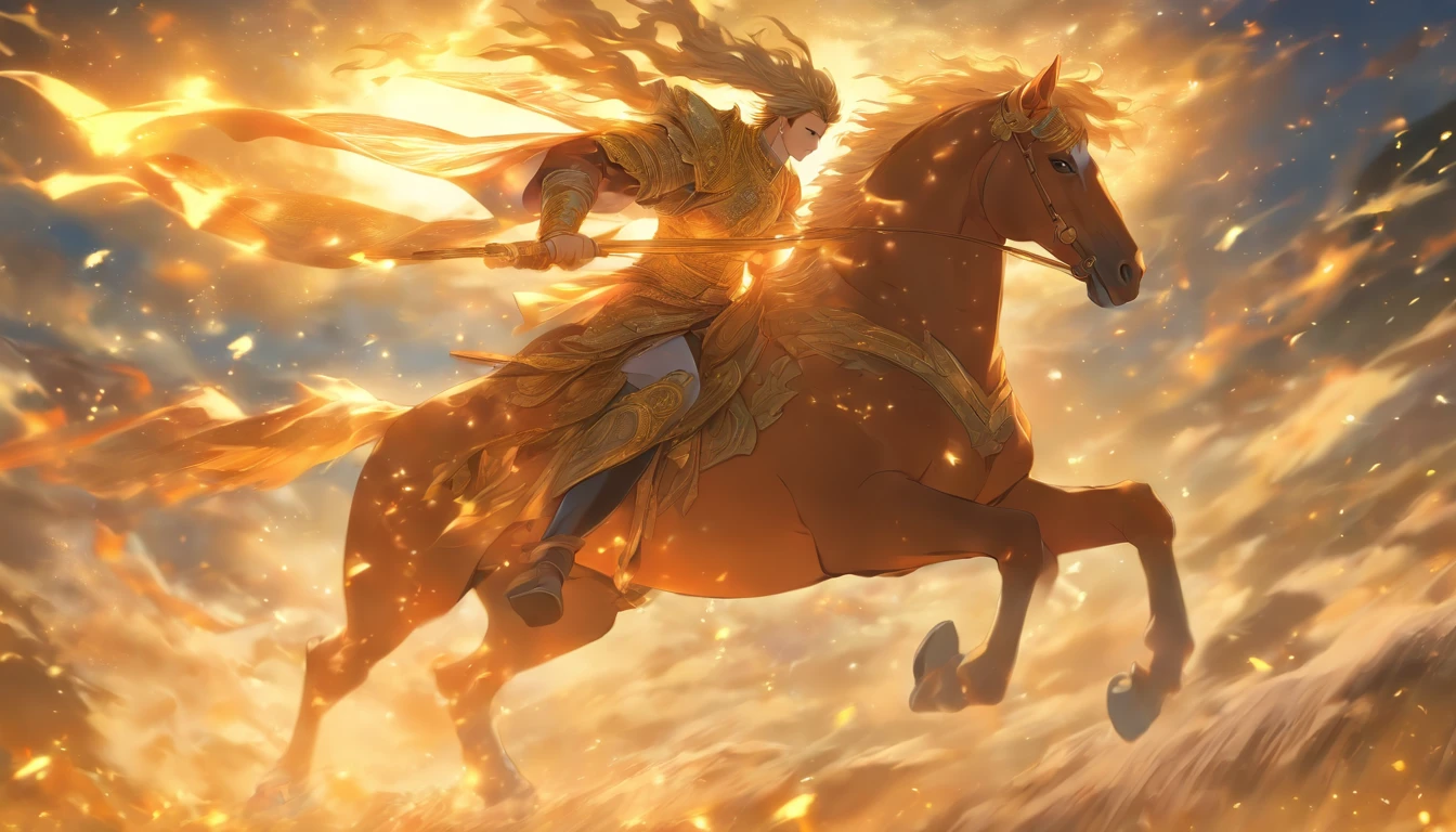 Ancient style man riding a horse, Galloping horse, Elegance in motion, Mystical atmosphere, Timeless charm, Side view, Golden hour's clear facial features