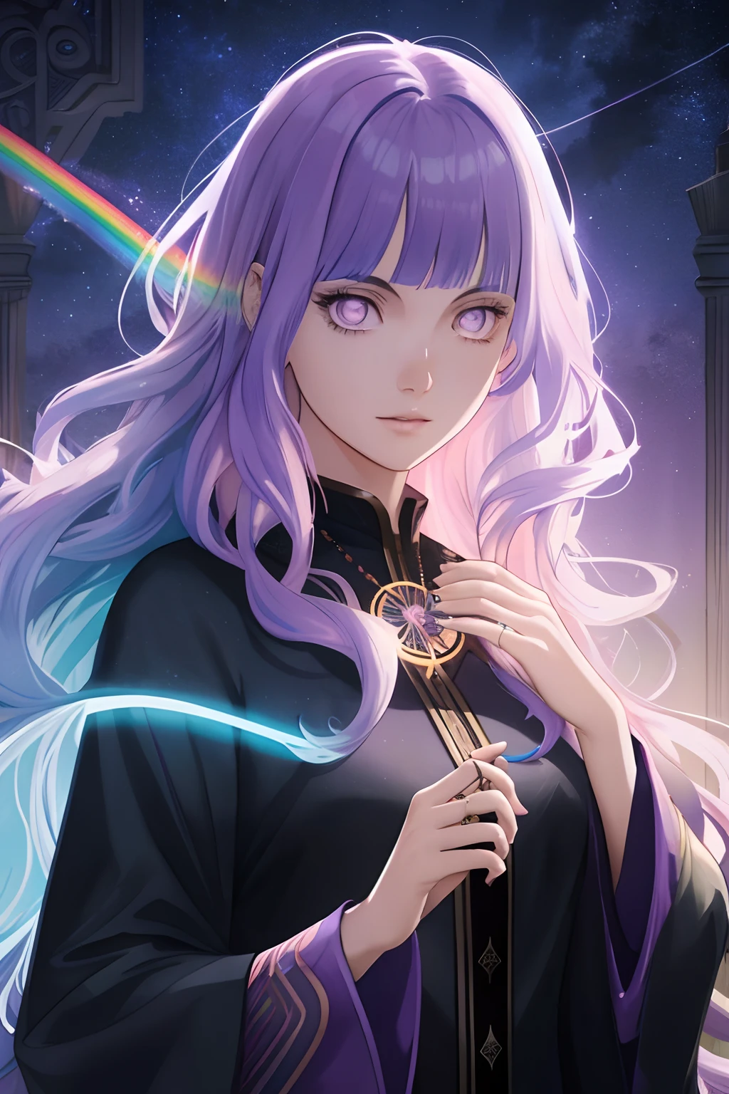 tarot card style, 1 girl, solo, portrait , digital illustrated, flowing hair, glowing rainbow hair, night, pastel , looking at the camera , looking_at_viewer, ring lighting, rim lighting, purple eyes, Blunt Bangs, trending on artstation, wlop, dsktaro1