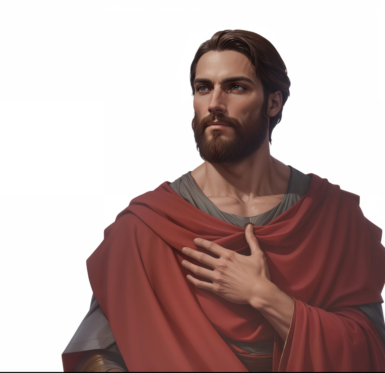 a closeup of a first-century Roman man d.C., parecido com Jesus Cristo, Roma Antiga, Roman Empire, homem com barba, Jesus, imagem ultrarealista de 8k bernini, NPC com halo de santo, NPC com um santo\halo do, Jesus Gigachad, Jesus Cristo, renderizado em corona, Jesus Cristo em Mass Effect, rosto restaurado realista, painted in high resolution, he is greeting you warmly, Detalhe 8k, cinematic