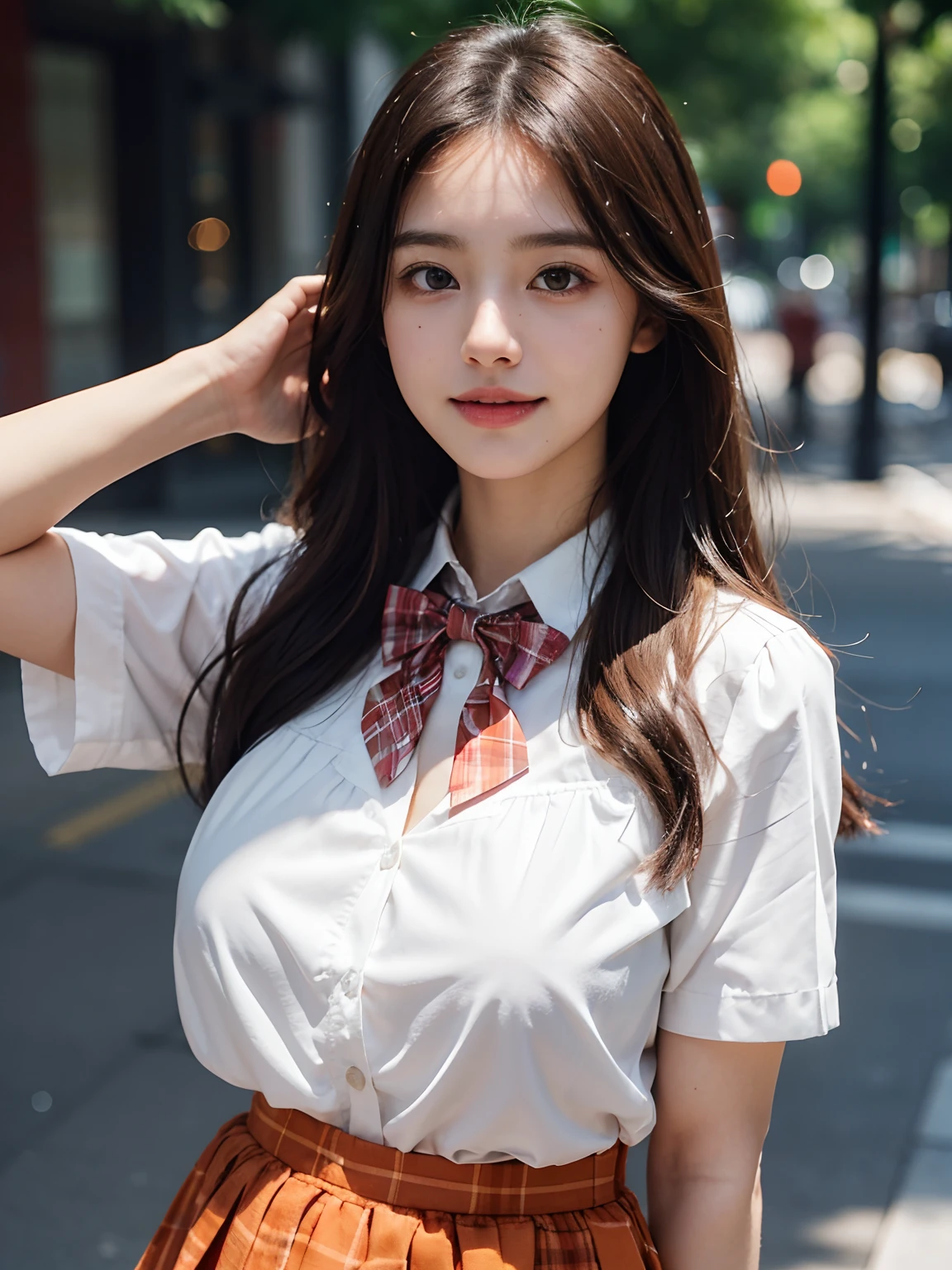 best qualtiy,tmasterpiece,超高分辨率,(真实感:1.4),RAW photogr,1girll,long whitr hair,Face Highlighting,Pure,Girly,Flushing,18yr old,18-year-old smiling female classmate,Pure,Innocent,(best qualtiy,8K,tmasterpiece:1.3),Goose egg face,largeeyes,long eyelasher,Exquisite(live-action realistic style),Star-like eyes,Ultimate face,Photorealistic light and shadow,Clear facial features,Milky white skin,Fair skin, highdetailskin, Realistic skin details, Visible Pore,(Super detail),(perfect bodies:1.1),long whitr hair,(dynamicposes),((Dynamic background((volumettic light:1.3)),huge tit,short plaid skirt,white shirt,Plaid bow tie,school ground
