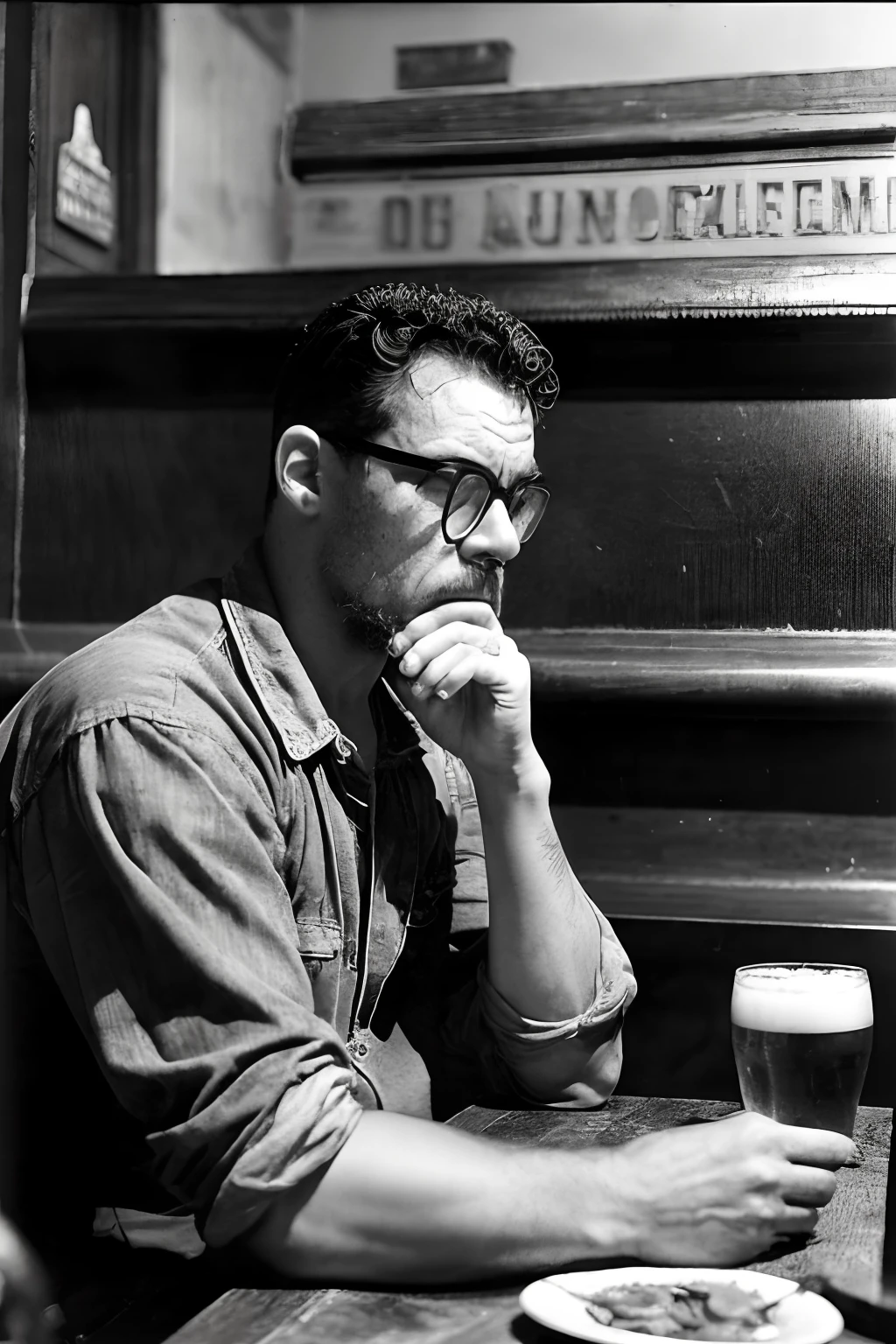 guttonerdvision10, Capture a vintage-style photograph of a man wearing glasses, Olhando ((Triste e descontentamento)), with tears in eyes, sitting alone at an English pub counter, segurando uma cerveja. Pay attention to (((detalhes intrincados))) to convey the depth of your emotions. Obter (((qualidade extrema))) em recriar a atmosfera vintage do pub. Create a (((Complex composition))) que evidencia o isolamento e o desespero do homem. Use uma paleta de cores suave para melhorar o clima vintage. Referem-se a artistas como Dorothea Lange, Walker Evans, and Robert Frank for inspiration.