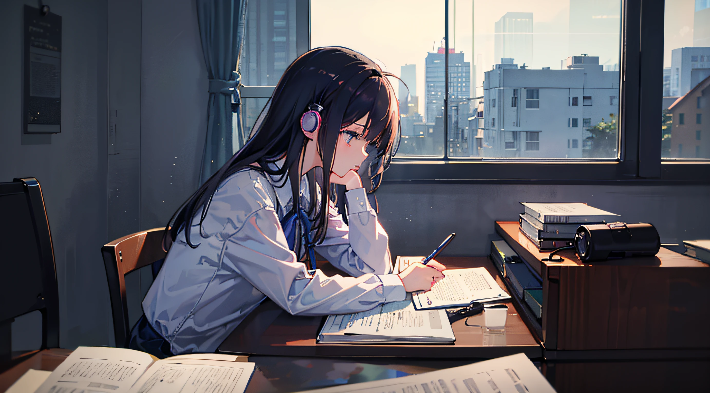 midnight、inside in room、Rain outside the window、younggirl、Wearing headphones、Concentrate on your studies at your desk、Notebook on desk、coffee、Smartphones、There is only a small light from the desk in the room.、Side view