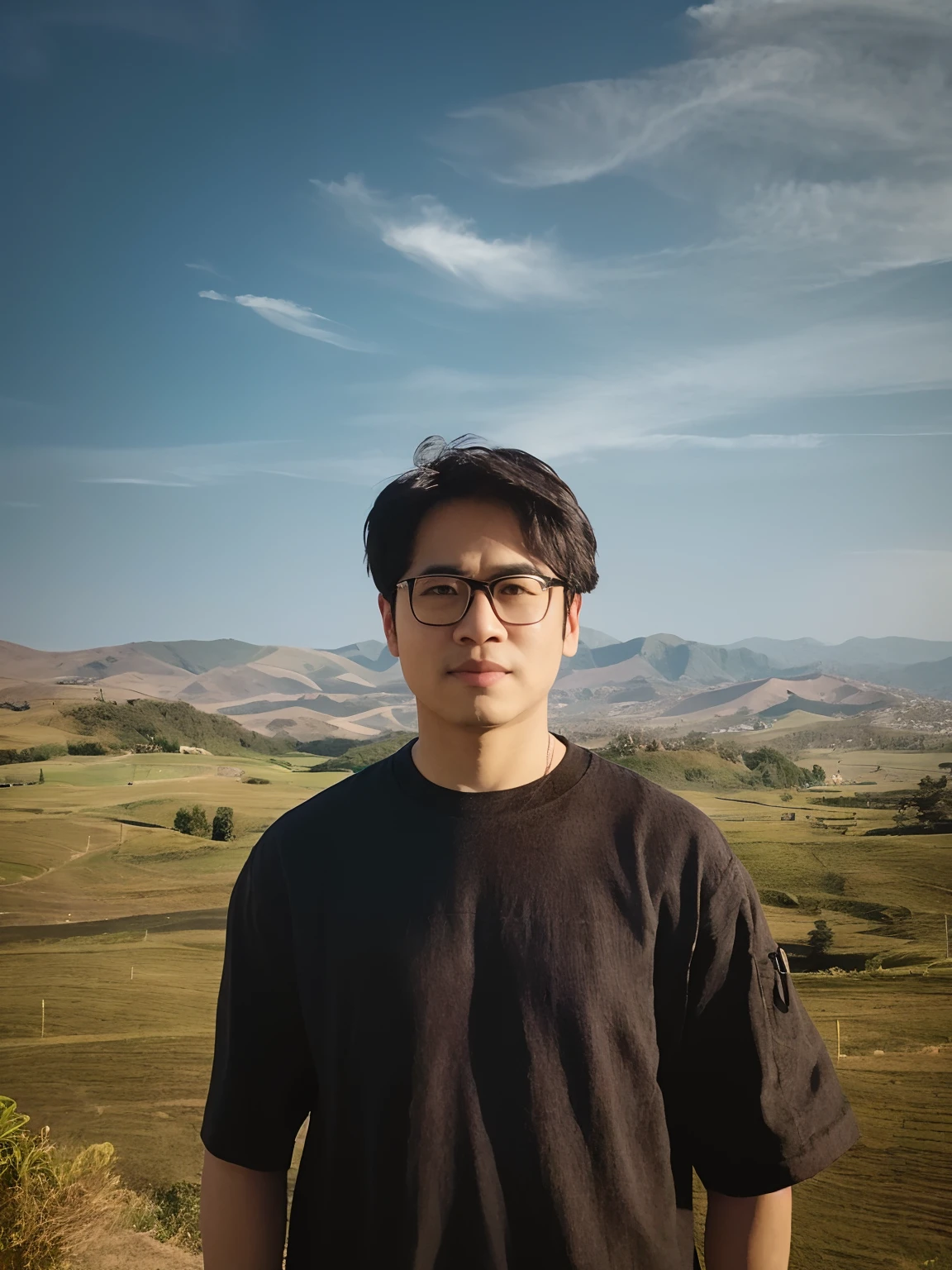 arafed man standing on a hill overlooking a valley, lofi portrait, hills in the background, portrait shot 8 k, with mountains as background, with earth in the background, ramil sunga, in a scenic background, with mountains in the background, taejune kim, with mountains in background, high quality portrait, 8k selfie photograph