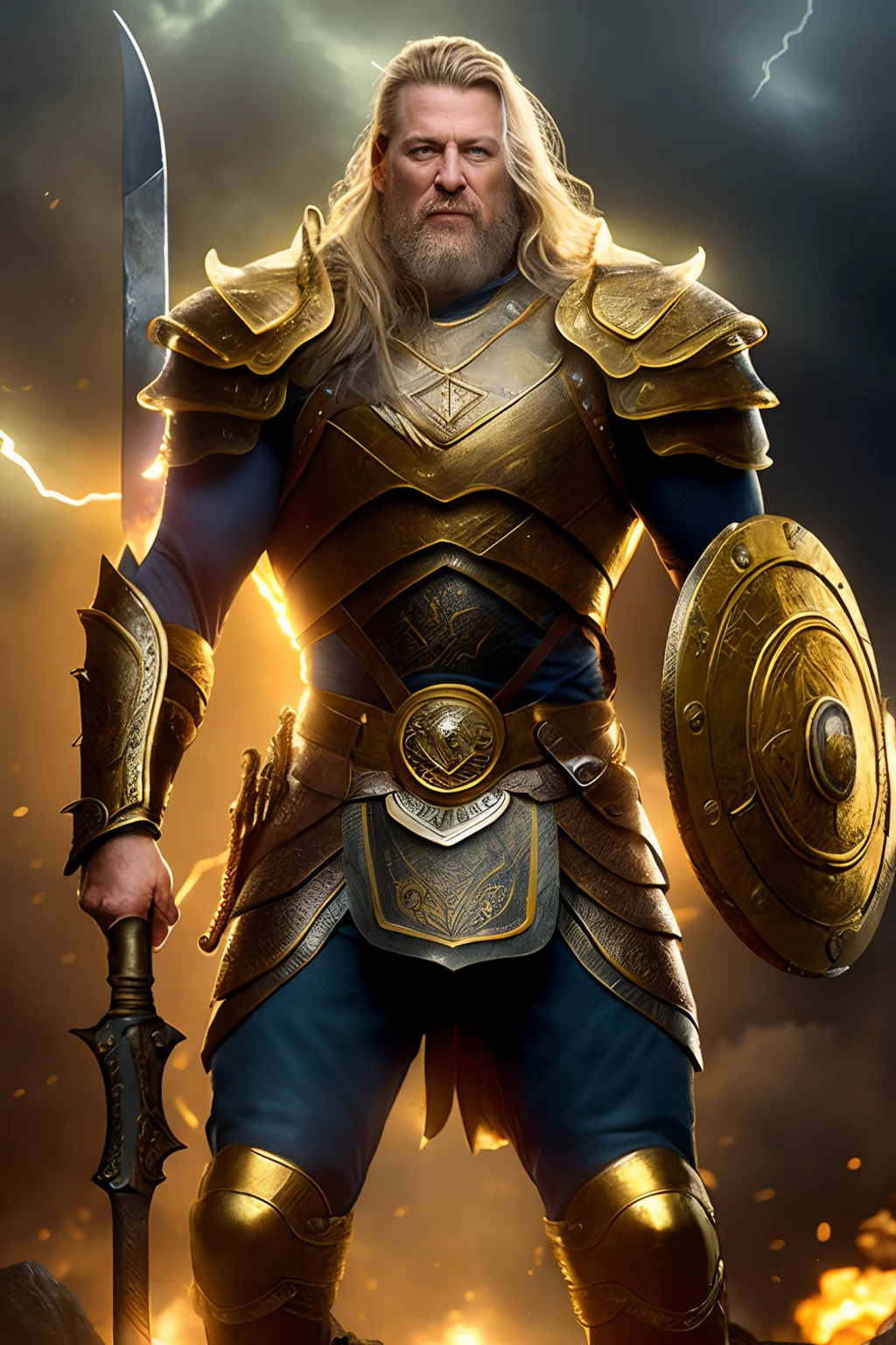 (Masterpiece), (Extreme), (Super detailed), (Full Body), a Viking in golden armor, holding a shield in his left hand and a hammer in his right hand coming out of lightning, full body image, futuristic detailed background, strong man, radiating a golden light from the armor, muscular, showing the abdominal muscles, abdominal muscles to show, in attack position, angry expression, Show the shield in the foreground in detail