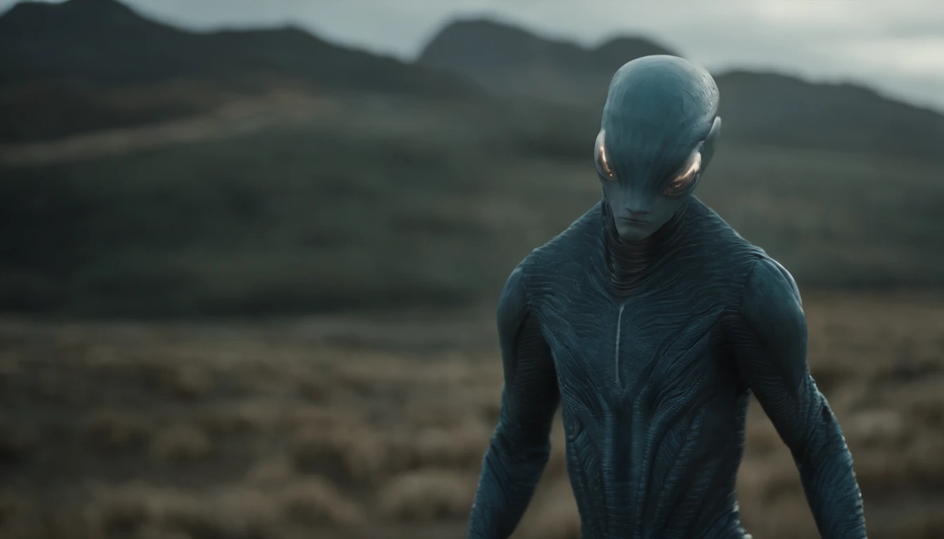 Ethereal alien creature with bluish-gray skin,中景 the scene is,cuerpo completo como,VFX surrealista altamente detallado 16K,OC renderizado,Disparo con 70 mm - AR 16:9 --q 2 --s 1000. Cinnamatographic lighting, en el campo, a 50 metros nave espacial posada, On with small lights. Trata de comunicarse con el firmamento, makes connection in high zone towards the sky