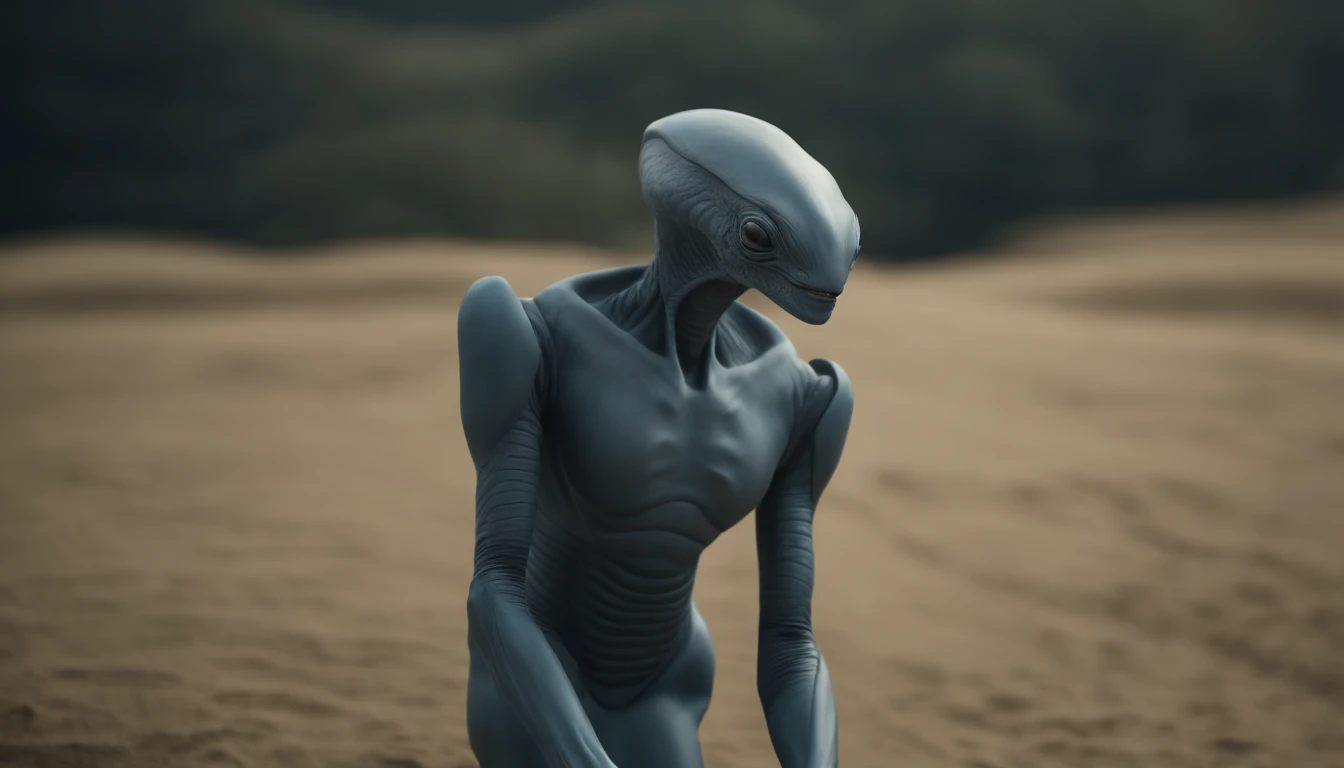 Ethereal alien creature with bluish-gray skin,中景 the scene is,cuerpo completo como,VFX surrealista altamente detallado 16K,OC renderizado,Disparo con 70 mm - AR 16:9 --q 2 --s 1000. Cinnamatographic lighting, en el campo, a 50 metros nave espacial posada, On with small lights. Trata de comunicarse con el firmamento, makes connection in high zone towards the sky