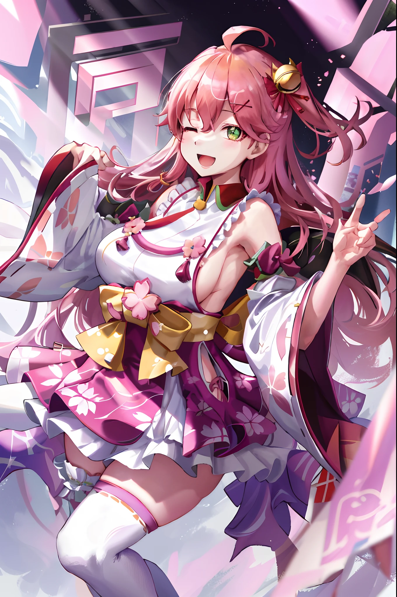 masterpiece, best quality, highres, miko1, sakura_miko, 1girl, green eyes, solo, ahoge, x_hair_ornament, pink_hair, floral print, hairclip, (sideboob:1.4), hair_bell, floral print, long_hair, hair between eyes, one side up, white thighhighs, asymmetrical legwear, wide sleeves, open_mouth,happy,close_eyes, smile,dynamic_posing,rising_leg,plump,apart_legs,