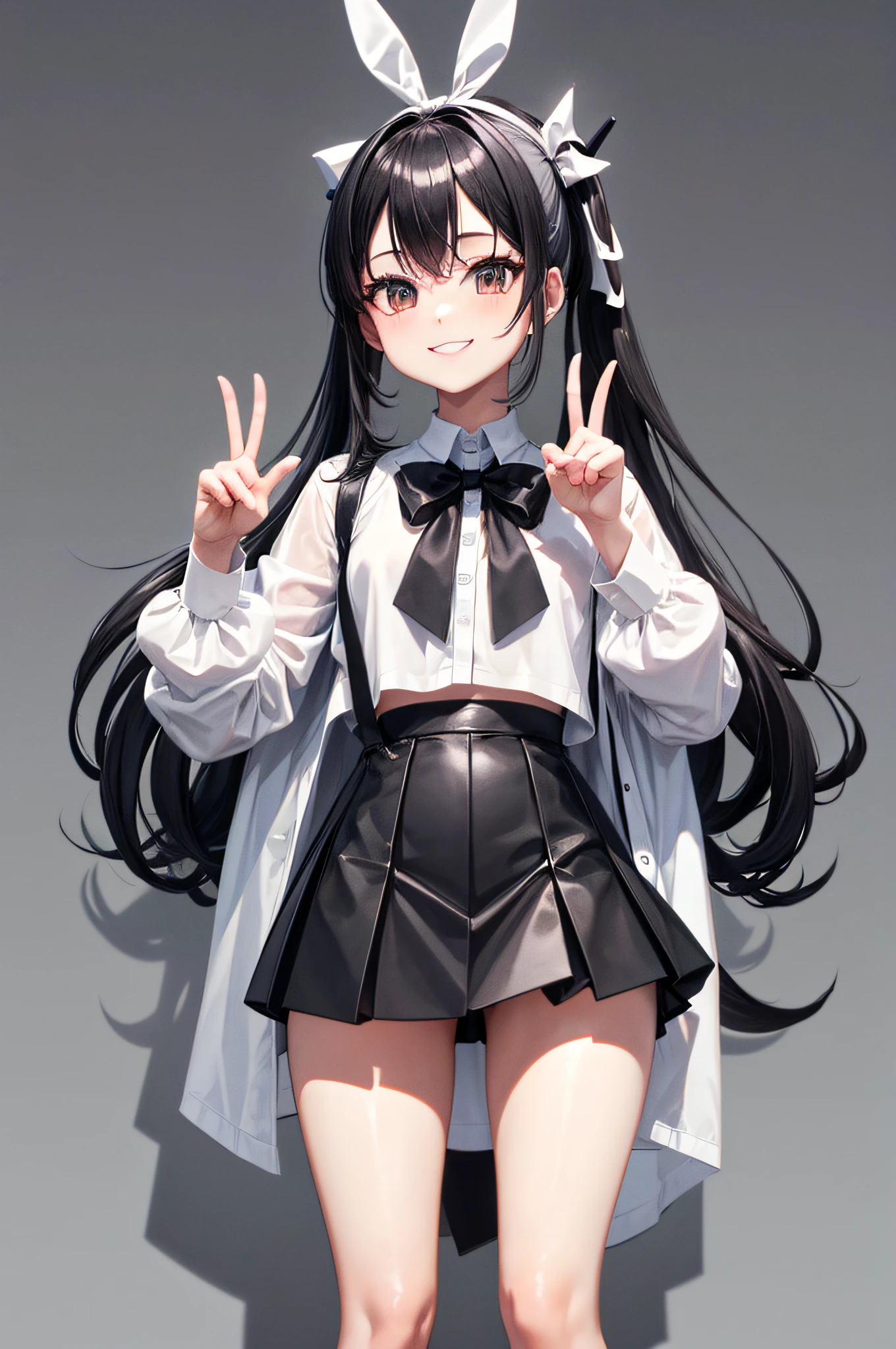 white shirt with black ribbon, black mini skirt, pretty girl doing peace sign with fingers, black long hair ponytail with small white ribbon, nice legs, standing, smile,