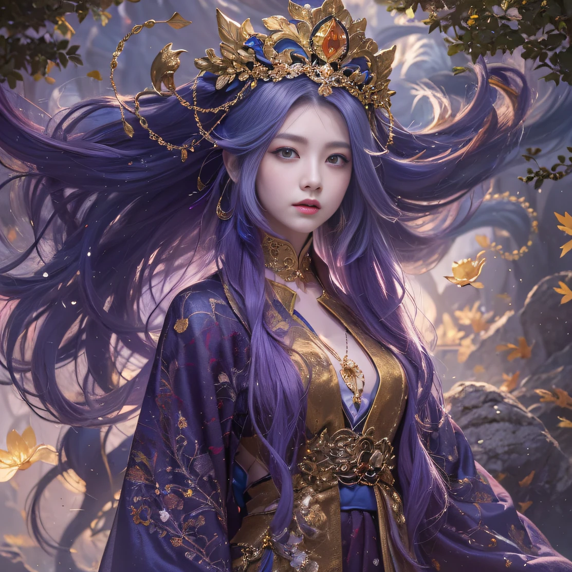 Genki Girl 32K(tmasterpiece,k hd,hyper HD,32K)Long flowing bright purple hair,Autumn Pond,zydink, a color, Asian people (Genki girl), (Silk scarf), Combat posture, looking at the ground, long whitr hair, Floating bright purple, Fire cloud pattern gold tiara, Chinese long-sleeved gold silk garment, (Abstract metaverse splash:1.2), white backgrounid,Lotus vitality protector(realisticlying:1.4),Bright purple hair,Smoke on the road,The background is pure, A high resolution, the detail, RAW photogr, Sharp Re, Nikon D850 Film Stock Photo by Jefferies Lee 4 Kodak Portra 400 Camera F1.6 shots, Rich colors, ultra-realistic vivid textures, Dramatic lighting, Unreal Engine Art Station Trend, cinestir 800,A girl with long flowing bright purple hair