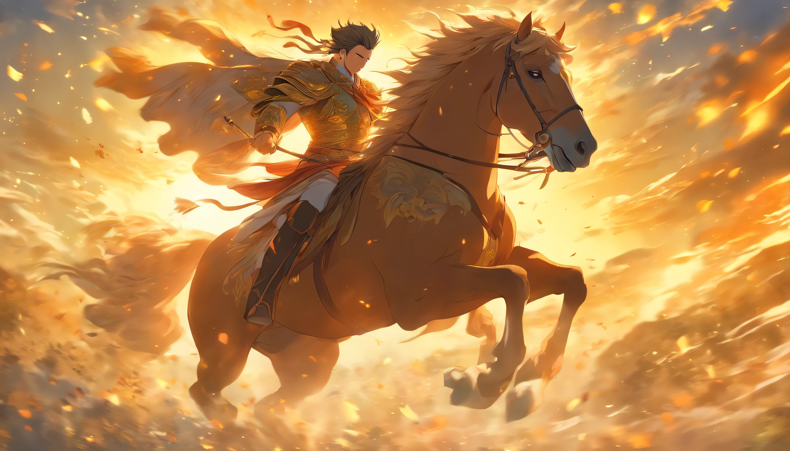 Ancient style man riding a horse, Galloping horse, Elegance in motion, Mystical atmosphere, Timeless charm, Side view, Golden hour's clear facial features