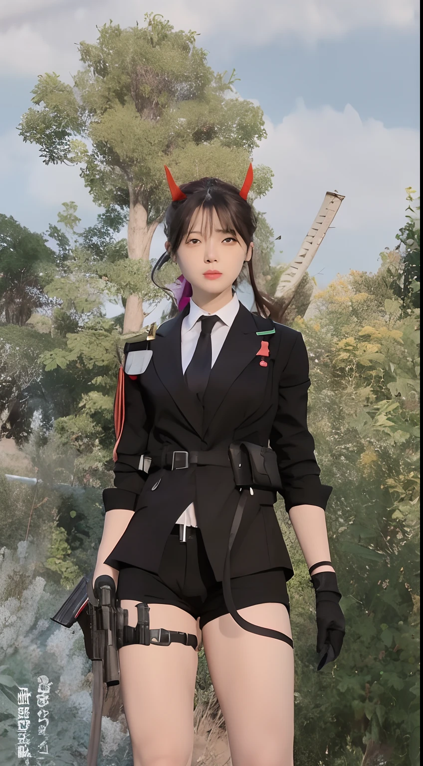there is a woman in a suit and tie holding a gun, katana zero video game character, wearing a black noble suit, girl in suit, female lead character, jk uniform, female character, dark suit, girl in a suit, gilded black uniform, hints of yayoi kasuma, highly detailed character, soldier outfit, style game square enix