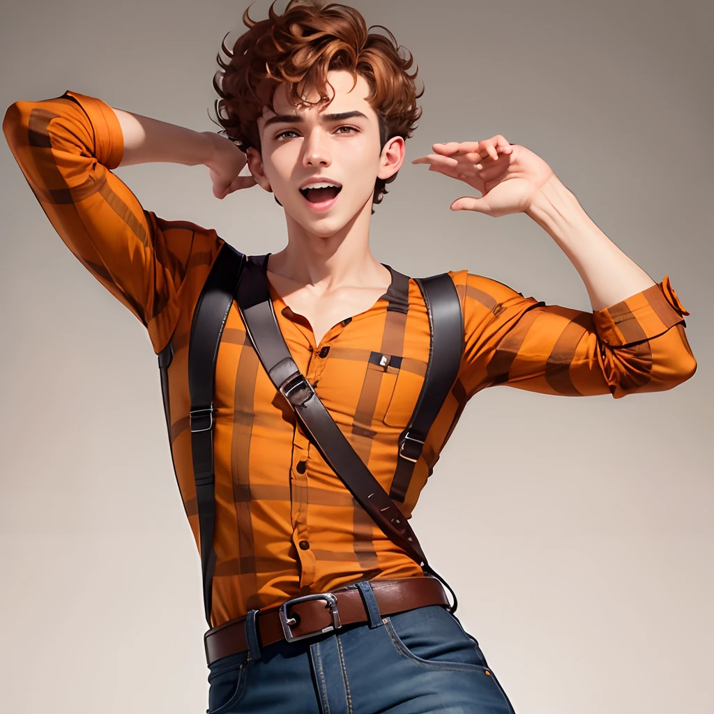 One Man, Male Focus, Brown hair, Shirt, Orange checked shirt, Short hair, Raised eyebrows, Big eyes, drooping eyes, Undercut, Short brown perm, Curly hair, Trimmed hair, Belt bag, jeans, Smile, Open mouth, Pose , short man, Simple background