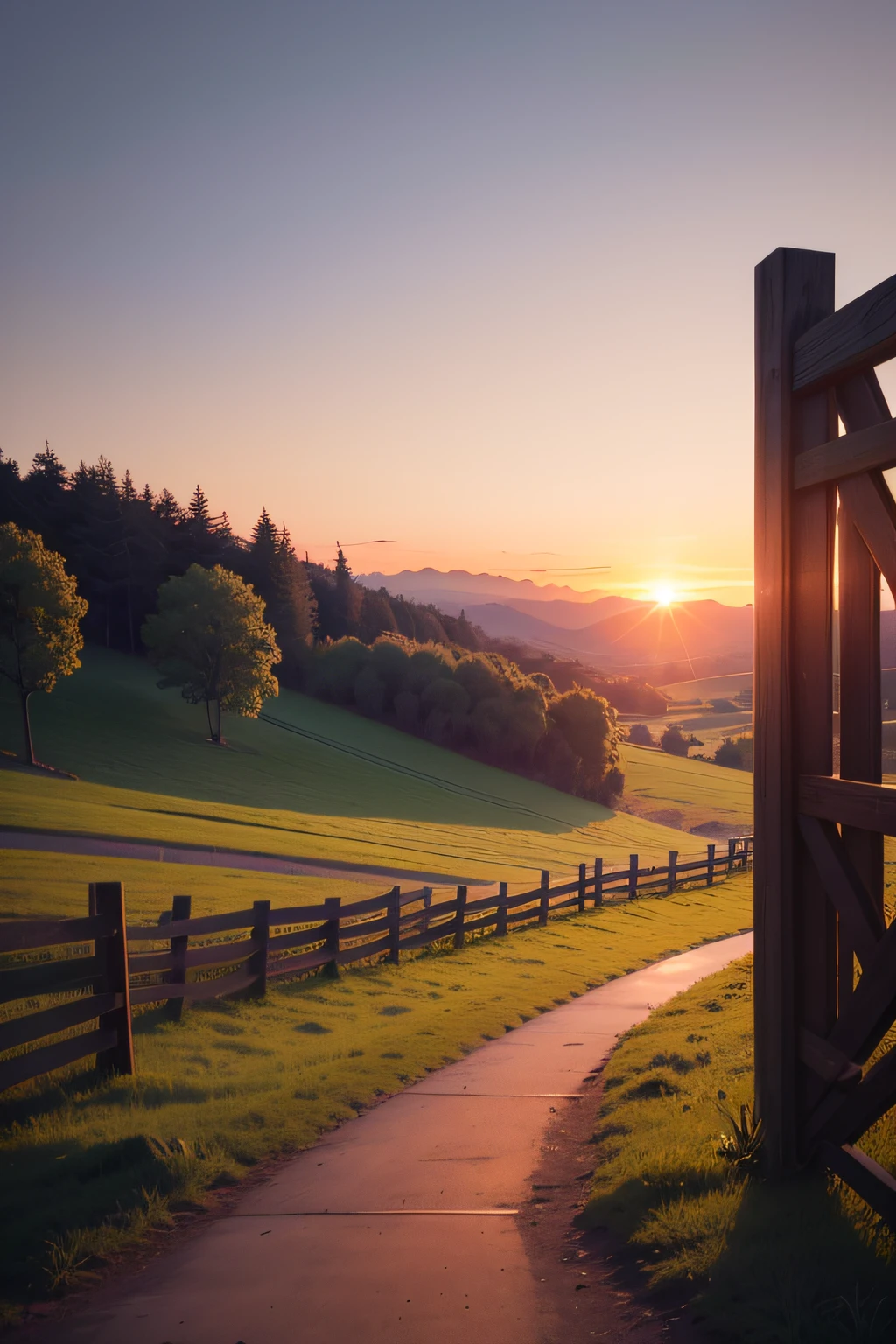 Sunset, brilho da noite, distant view, Realistic, cores ricas, bonito e colorido, lente grande-angular, tiroteio noturno, filme positivo, estilo naturalista, High Definition Shooting. Wooden gate with green pasture with gabo and viola hat
8k