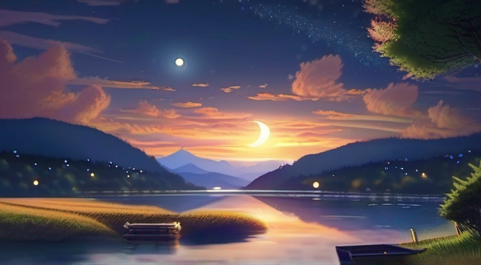 A painting of a river with stars and moon in the sky, concept art inspired by Tosa Mitsuoki, pixiv contest winner, best quality, fantasy art, beautiful anime scene, golden moon. A bright moon, starry sky environment under the moonlight, dream painting, anime background art, fantasy landscape art, dreamy night, anime background, background artwork, dreamy art, atmospheric anime, starry sky, details enhanced.