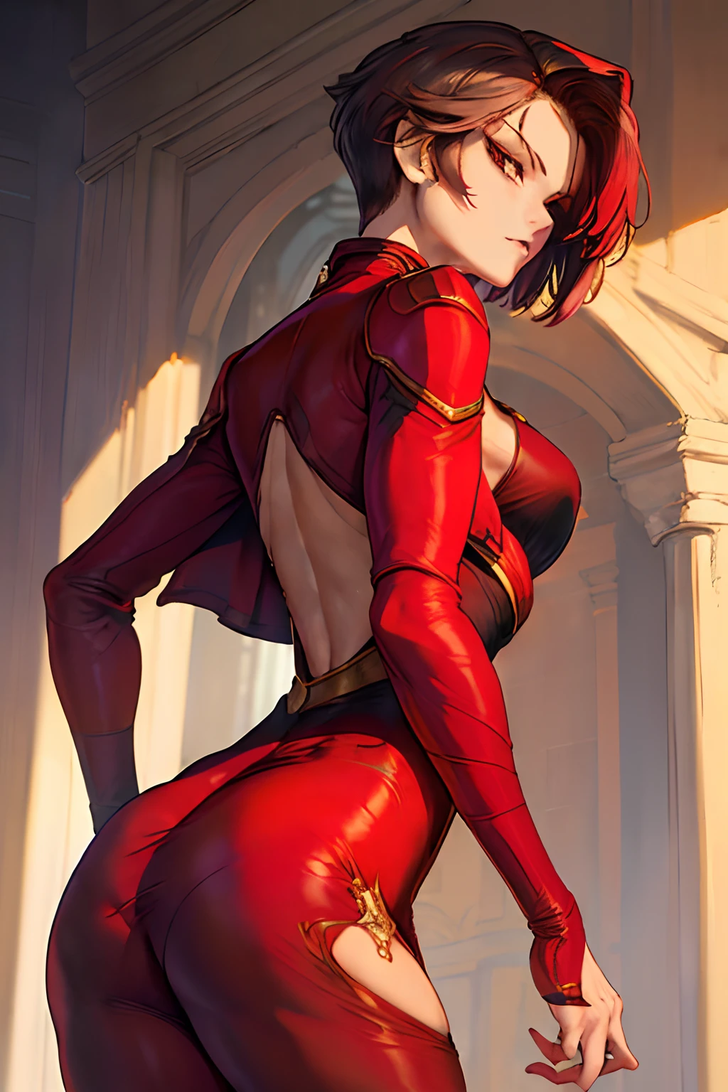 18-year-old girl, (((noble Costume ))),empress,(((thin body type ))),short blunt hair, beatiful face, Sateen, roof, masterpiece, intricate detials, perfect anatomy, (((red jacket))), (((tight dress))), (((ripped)))