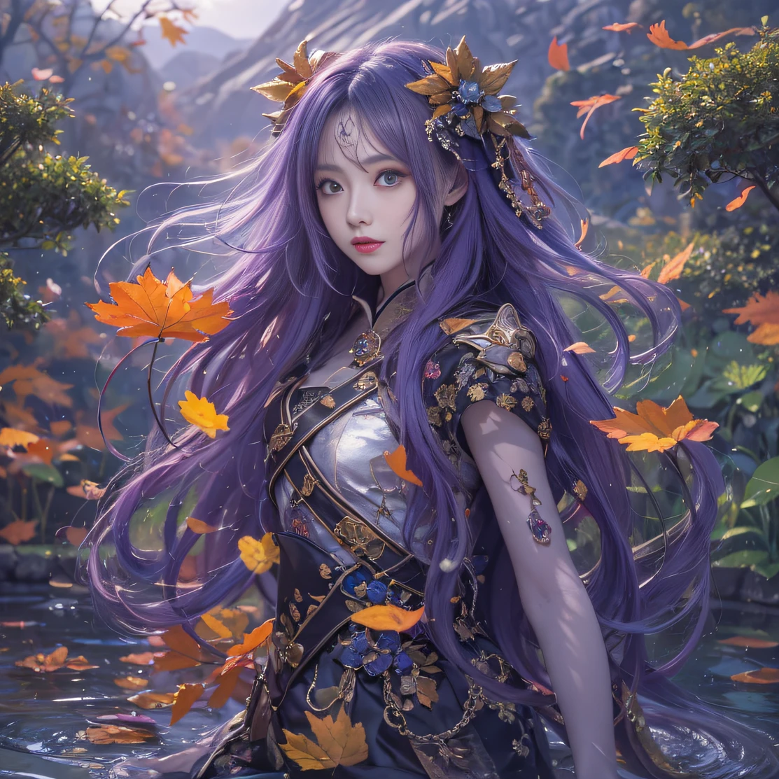 2860 Genki Maiden 32K(tmasterpiece,k hd,hyper HD,32K)Long flowing bright purple hair,Autumn Pond,zydink, a color, Spacecraft people