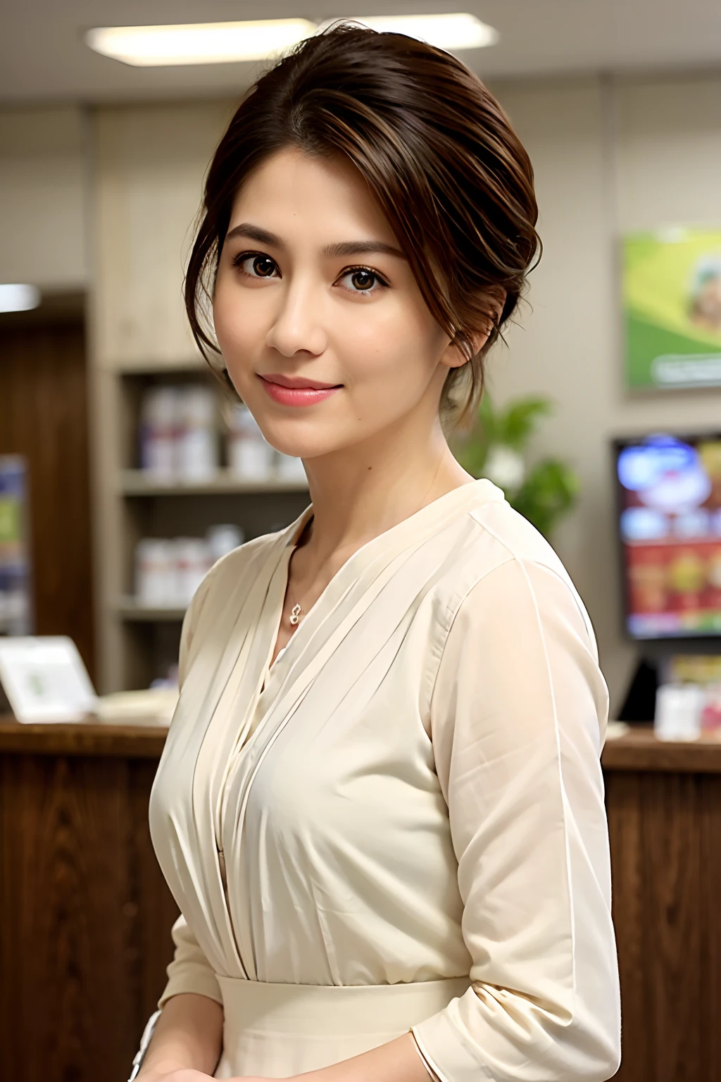 (supermarket:1), afternoon, doctor gown, light brown fringe short hair, light brown eyes, 1girl, innocent, (photorealistic), (intricate details:1.2),(masterpiece, :1.3),(best quality:1.4), (ultra highres:1.2), ultra high res, (detailed eyes), (detailed facial features), HDR, 8k resolution, (lens flare:0.7), turn around, busy on examine report, face viwer, drshe