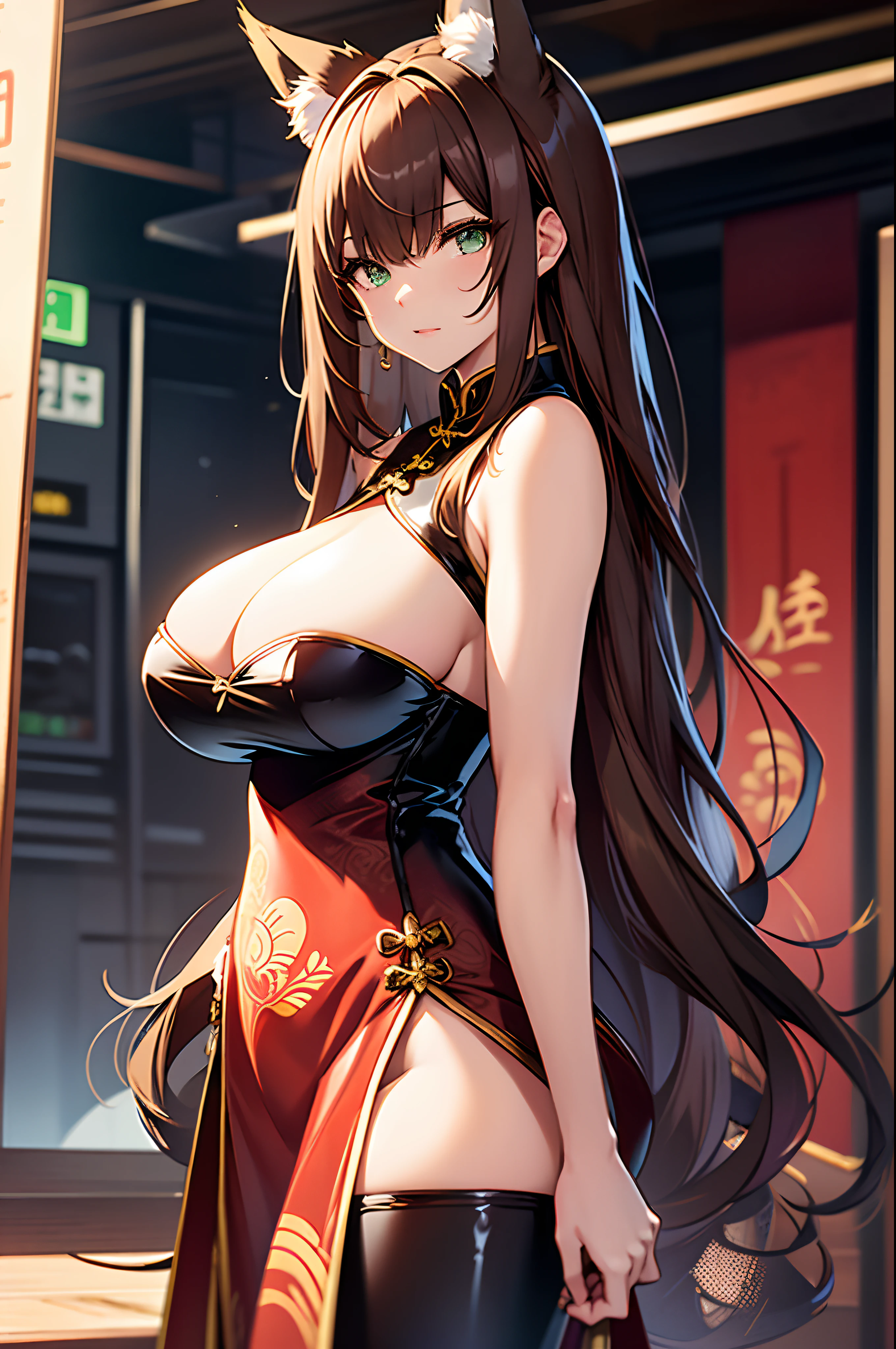 one woman, fox ears, fox tail, mature woman, green eyes, dark brown hair, shiny clothes, Chinese dress, Cheongsam, sexy, SFW, latex, thick thighs, big breasts,