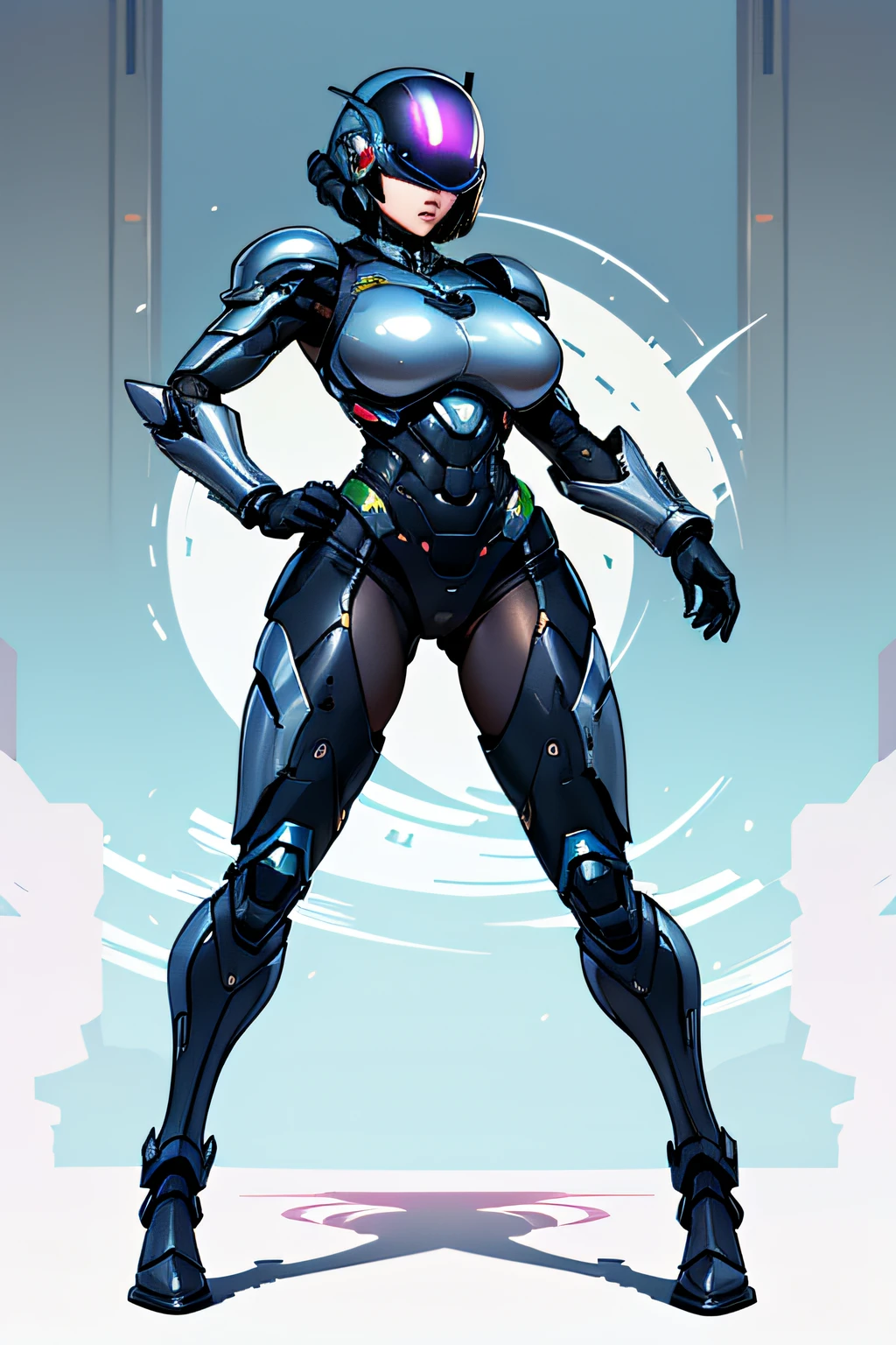 Arafe Female Robocop、Big breasts about to burst、full body armored、Rainbow Armor、thin and long legs,、Helmet with visor to cover the eye area、Pose ready to fight