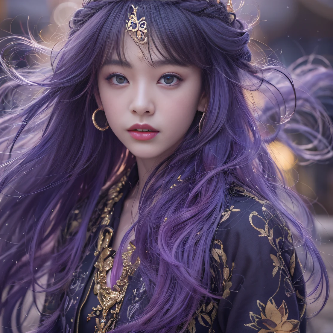 Genki Girl 32K（tmasterpiece，k hd，hyper HD，32K）Long flowing bright purple hair，Autumn Pond，zydink， a color， Asian people （Genki girl）， （Silk scarf）， Combat posture， looking at the ground， long whitr hair， Floating bright purple， Fire cloud pattern gold tiara， Chinese long-sleeved gold silk garment， （Abstract metaverse splash：1.2）， white backgrounid，Lotus vitality protector（realisticlying：1.4），Bright purple hair，Smoke on the road，The background is pure， A high resolution， the detail， RAW photogr， Sharp Re， Nikon D850 Film Stock Photo by Jefferies Lee 4 Kodak Portra 400 Camera F1.6 shots, Rich colors, ultra-realistic vivid textures, Dramatic lighting, Unreal Engine Art Station Trend, cinestir 800，A girl with long flowing bright purple hair