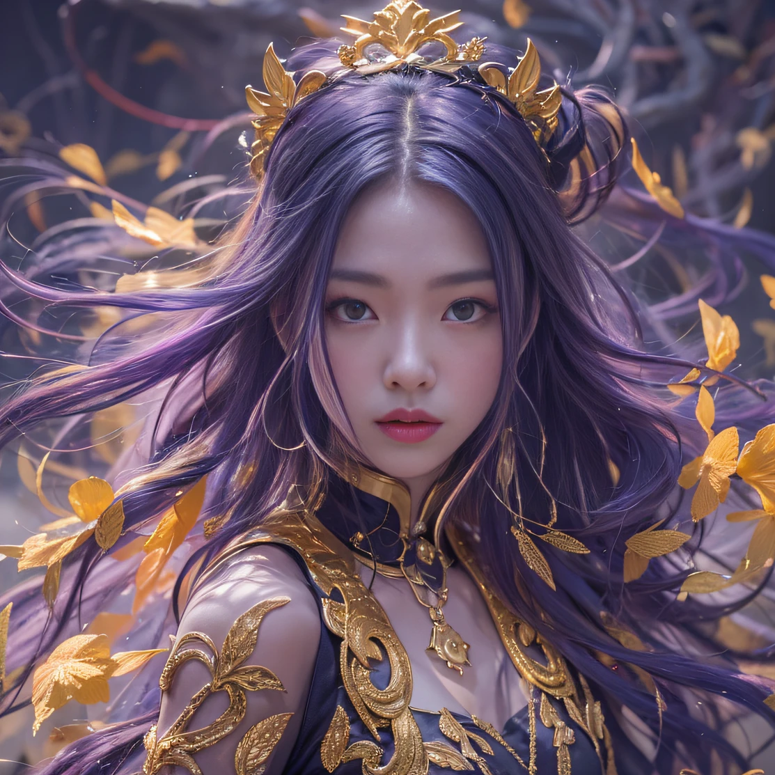 Genki Girl 32K（tmasterpiece，k hd，hyper HD，32K）Long flowing bright purple hair，Autumn Pond，zydink， a color， Asian people （Genki girl）， （Silk scarf）， Combat posture， looking at the ground， long whitr hair， Floating bright purple， Fire cloud pattern gold tiara， Chinese long-sleeved gold silk garment， （Abstract metaverse splash：1.2）， white backgrounid，Lotus vitality protector（realisticlying：1.4），Bright purple hair，Smoke on the road，The background is pure， A high resolution， the detail， RAW photogr， Sharp Re， Nikon D850 Film Stock Photo by Jefferies Lee 4 Kodak Portra 400 Camera F1.6 shots, Rich colors, ultra-realistic vivid textures, Dramatic lighting, Unreal Engine Art Station Trend, cinestir 800，A girl with long flowing bright purple hair