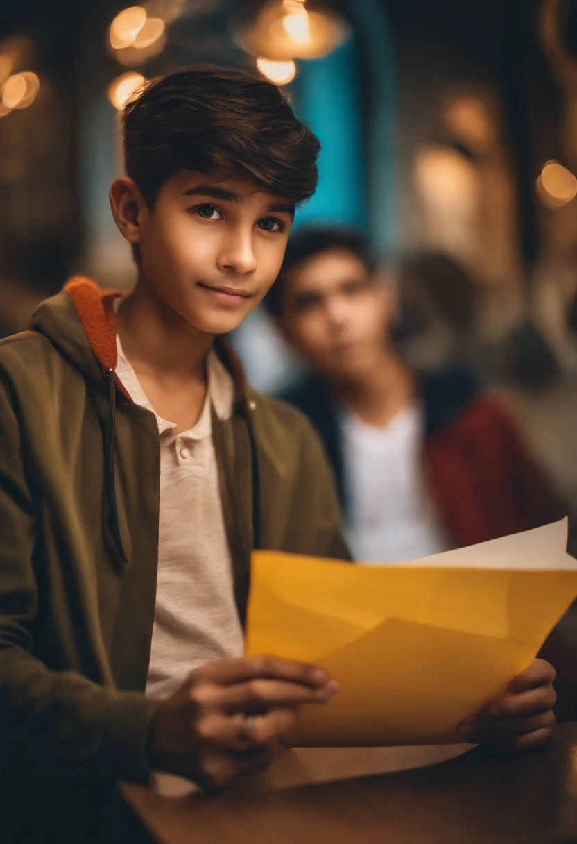 a boy hold paper in hand selfi