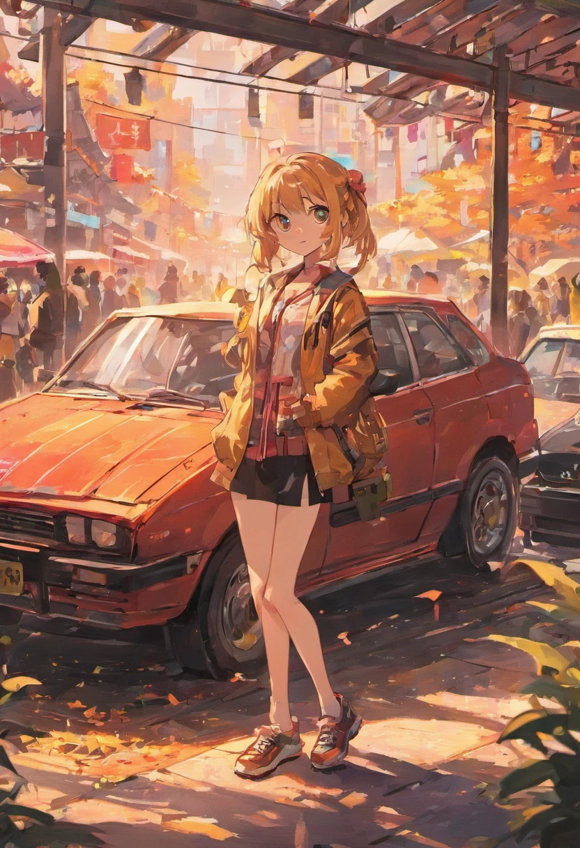 There are car sculptures in the park that commemorate abandoned cars、Graffiti wall about cars and civic children playing